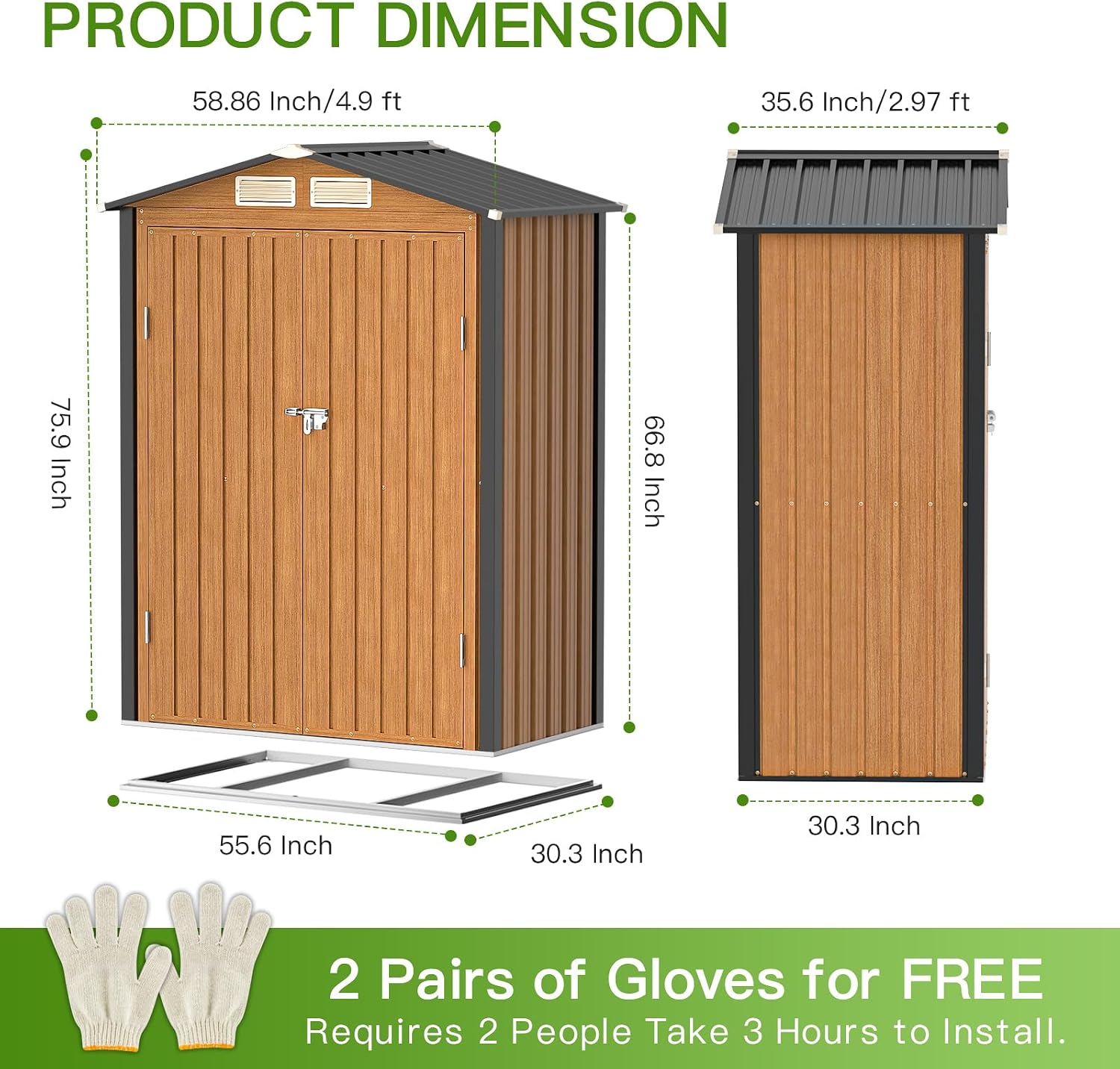 Outdoor Storage Shed, 5x3 Ft Metal Steel Tiny House with Frame Floor & Lockable Door, Vertical Outside Storage Building for Garden, Backyard, Lawn, Patio Utility, Tool Storage