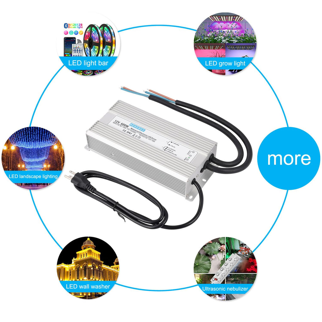 LED Driver 12V600W Waterproof Power Supply 110V/130V AC to 12V DC 50A Low Voltage Transformer IP67 Hotel Exterior Wall Landscape Light LED Light with Spotlight Switch Power Supply