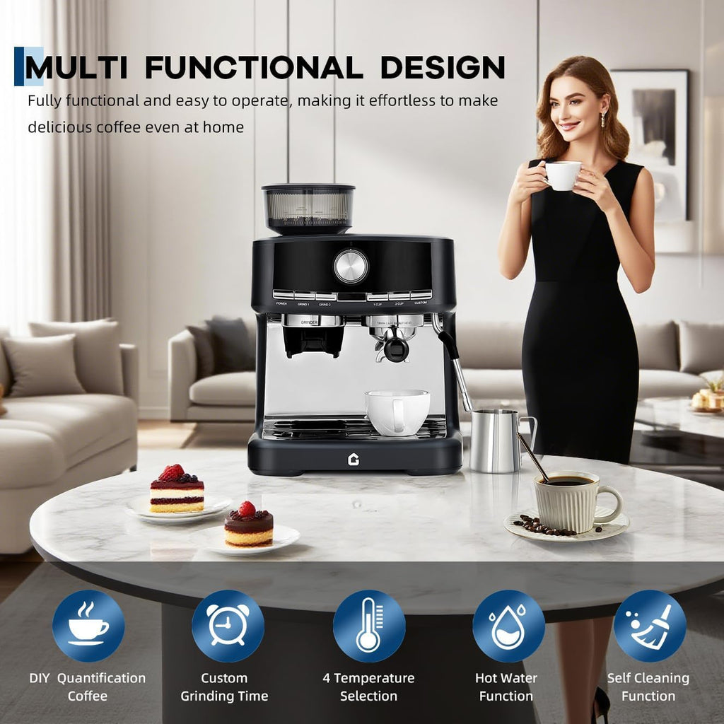 TROPOW Espresso Machine with Grinder - 20 Bar Pressure Professional, Stainless Steel Coffee Maker with Milk Frother, 1.5l Removable Water Tank for Latte, Cappuccino, Home & Office