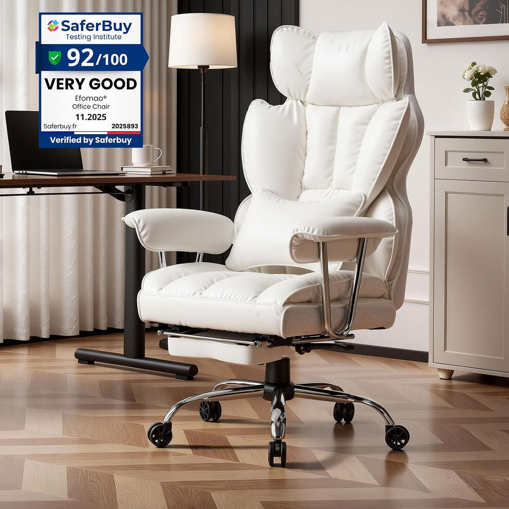 Efomao Big and Tall Office Chair 400lbs, Executive PU Leather Desk Chair with Footrest & Lumbar Support, Heavy Duty Computer Seating for Home, White
