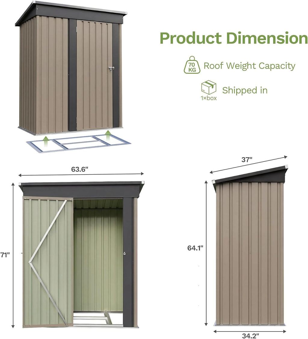 Devoko 5 x 3 FT Storage Sheds with Floor Frame, Waterproof Garden Tool Shed with Lockable Door, Outdoor Metal Small Shed for Backyard Patio Lawn, Brown