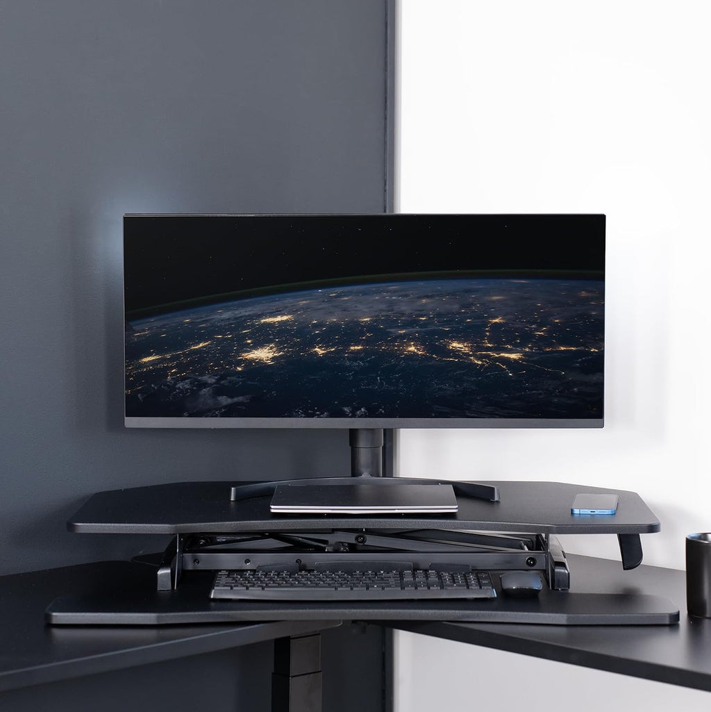 VIVO Corner Height Adjustable 38 inch Standing Desk Converter, Quick Sit to Stand Tabletop Dual Monitor Riser Workstation, DESK-V037MC