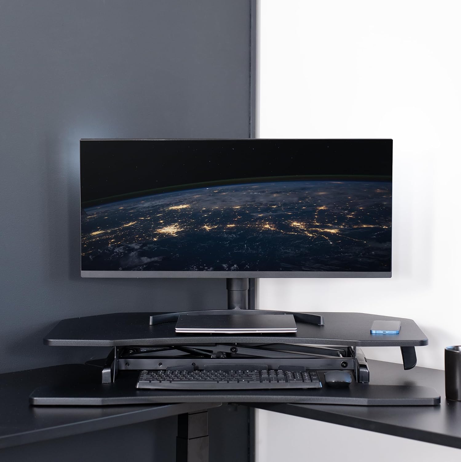 VIVO Corner Height Adjustable 38 inch Standing Desk Converter, Quick Sit to Stand Tabletop Dual Monitor Riser Workstation, DESK-V037MC