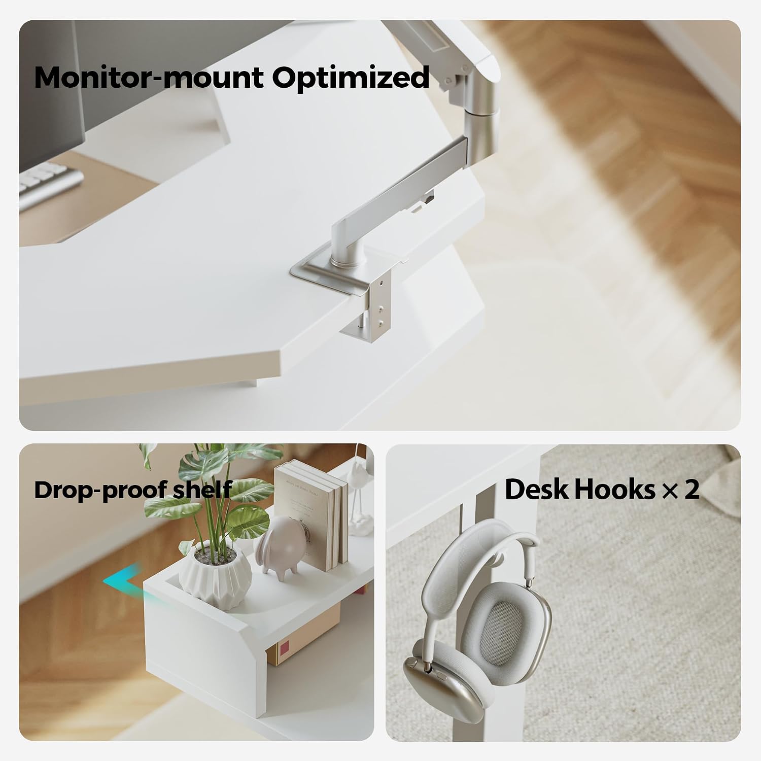 Agilestic L Shaped Standing Desk, Adjustable Height Corner Gaming Desk with Shelf, Sit Stand Up Desk, 63 x 55 Inch Home Office Computer Table, White