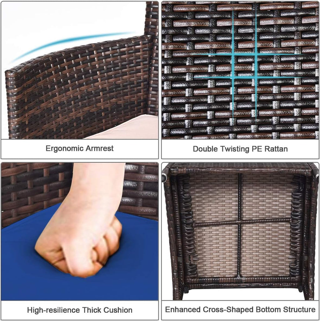 COSTWAY 3 PCS Patio Furniture Set, Outdoor Wicker Conversation Set with Tempered Glass Coffee Table, Seat Cushions, Rattan Wicker Chairs for Poolside Balcony Porch Backyard, Navy