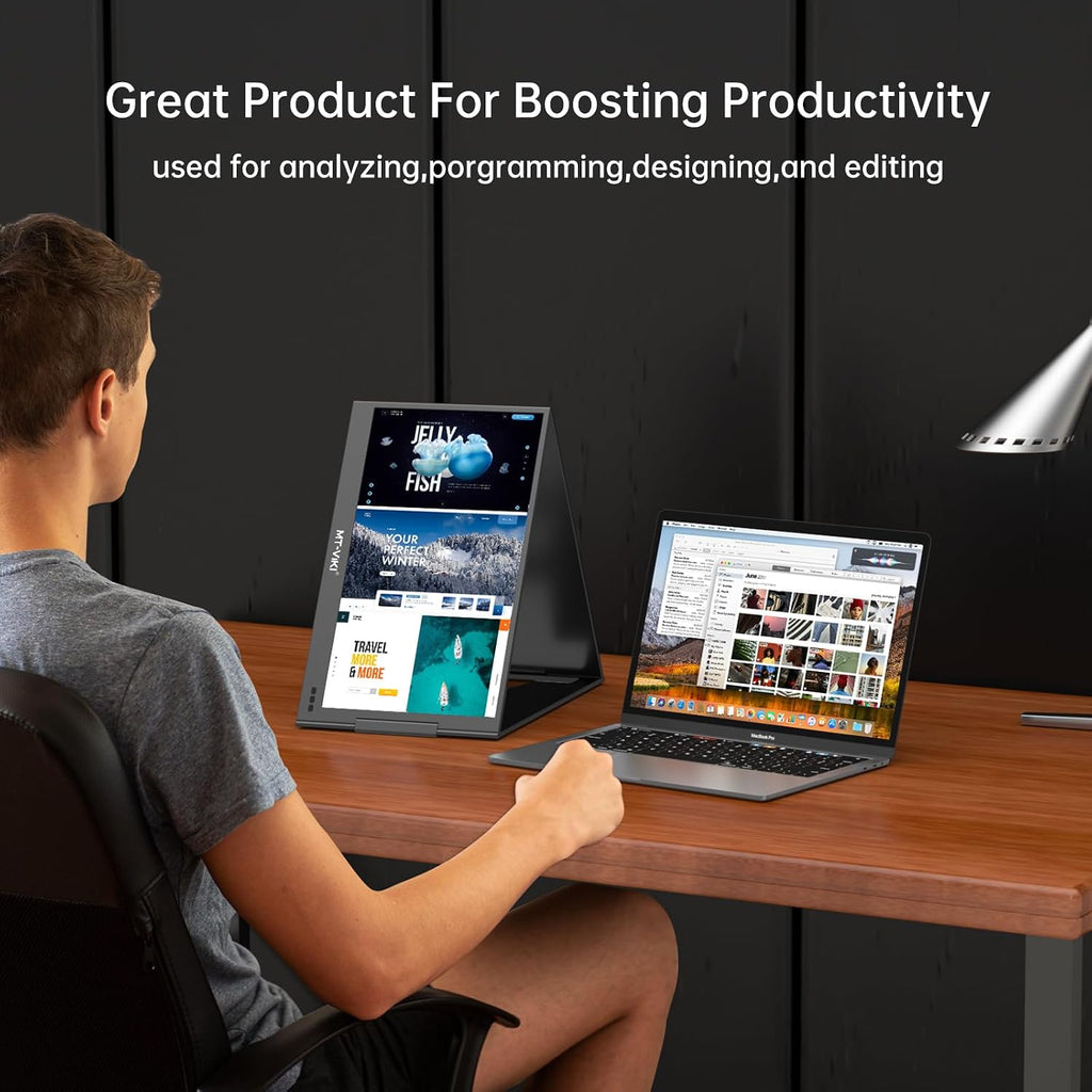 MT-VIKI 15.6 inch Laptop Screen Extender, Potable Monitor for Laptop Only One USB-C Cable Connection, Compatiable with Win/Mac (M1~M5), FHD 1080P, 360° Rotation【Included Carrying Bag】
