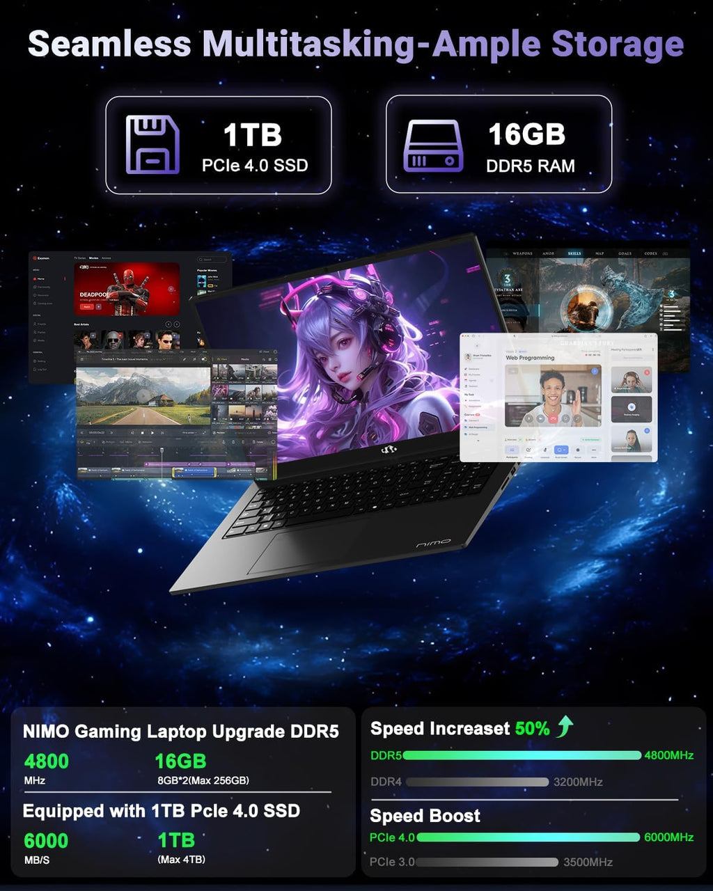 NIMO 17.3' IPS FHD-Gaming-Laptop, AMD Ryzen 7 8745HS 16GB DDR5 RAM 1TB SSD (8C/16T, up to 4.9GHz) Radeon 780M Graphics Business Computer with 100W Type-C Backlit Keyboard, Fingerprint USB-C 4.0