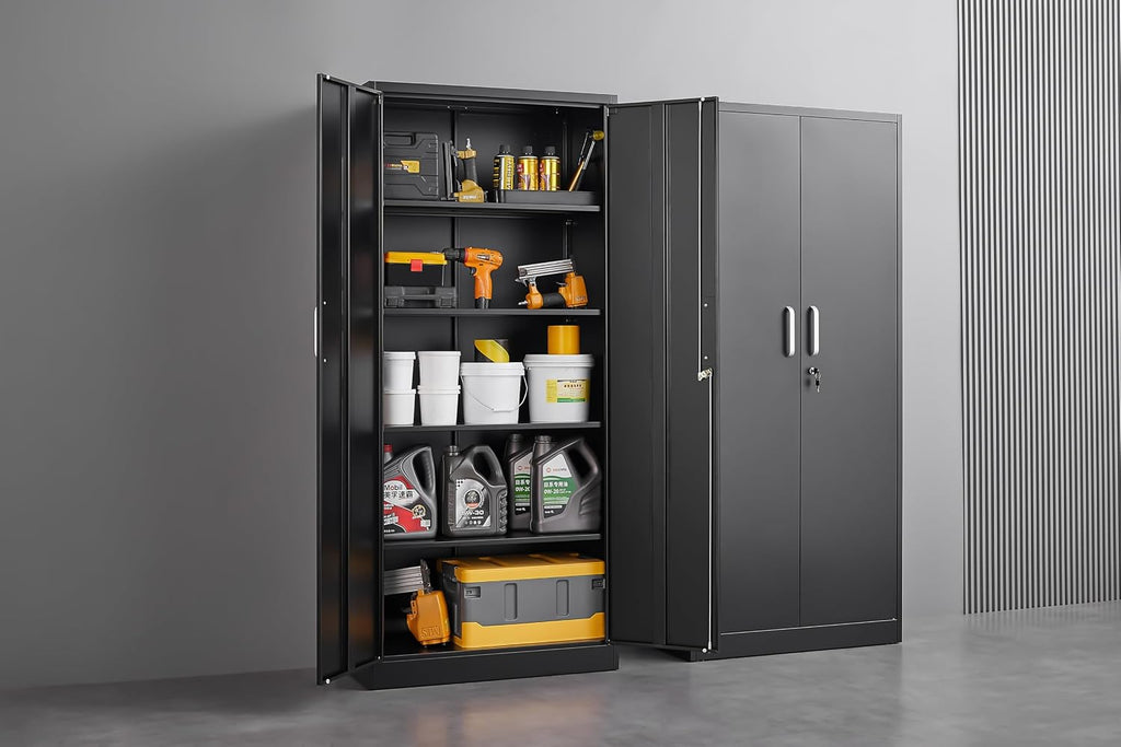 Approgreent Metal Storage Cabinet with Adjustable Shelves, Garage Cabinet with 2 Lockable Doors, Garage Storage Cabinet, Kitchen Pantry Cabinet - 71'H, Black
