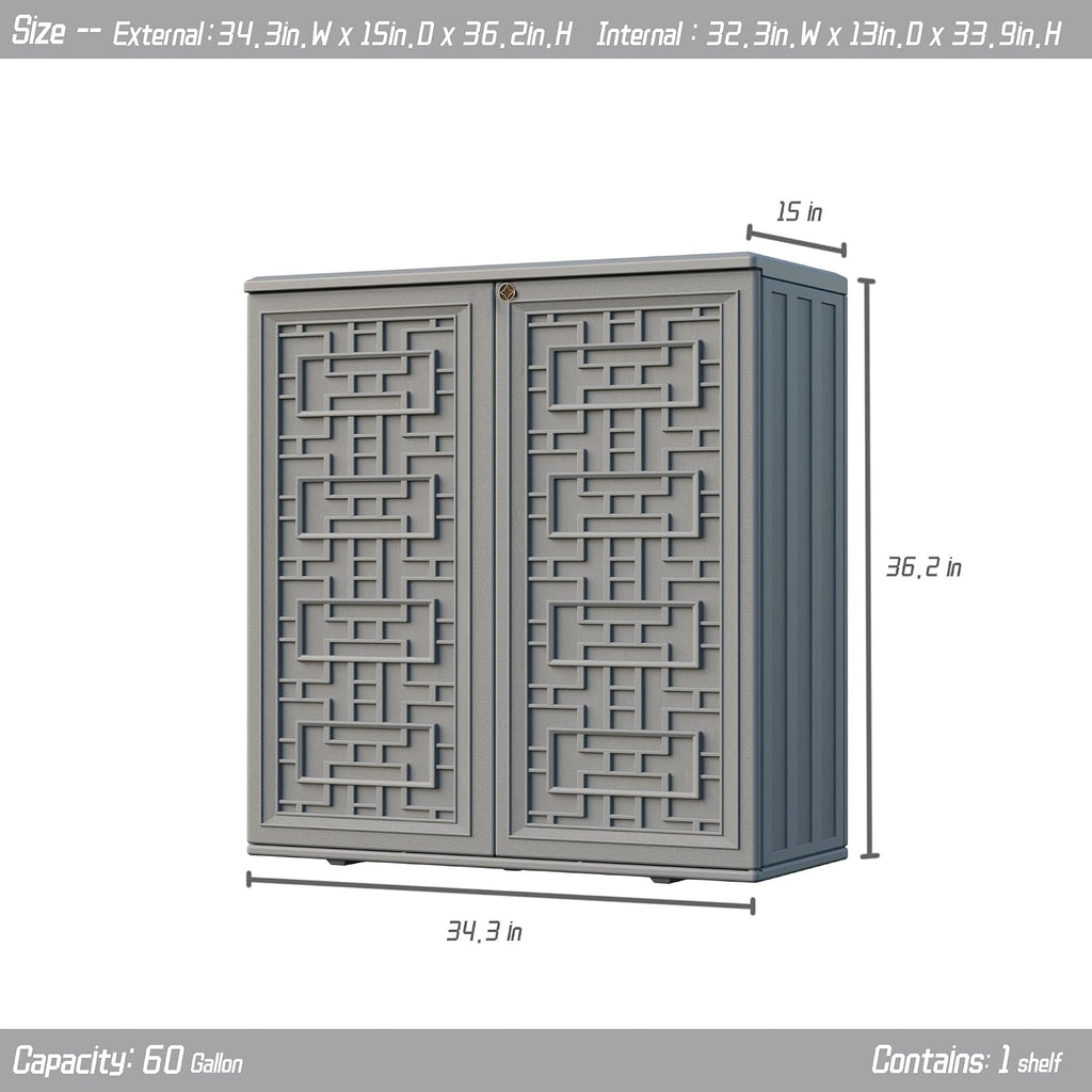 Mrosaa Indoor Outdoor Storage Cabinet Waterproof with Shelf,Plastic Storage Sheds Outdoor Cabinets for Patio/Garden/Backyard, Size 34.3''L*15''W*36.2''H（Gray）