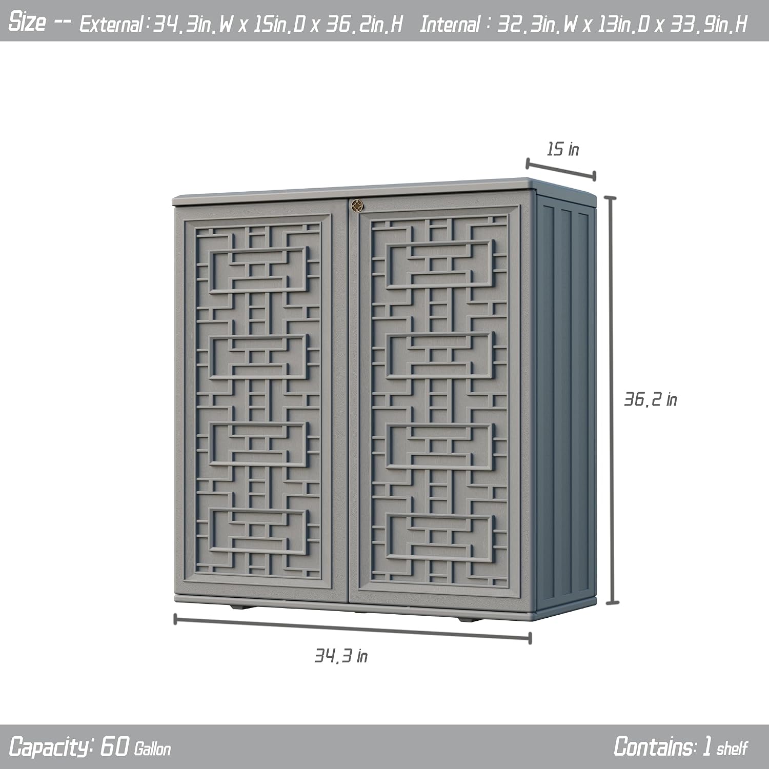 Mrosaa Indoor Outdoor Storage Cabinet Waterproof with Shelf,Plastic Storage Sheds Outdoor Cabinets for Patio/Garden/Backyard, Size 34.3''L*15''W*36.2''H（Gray）