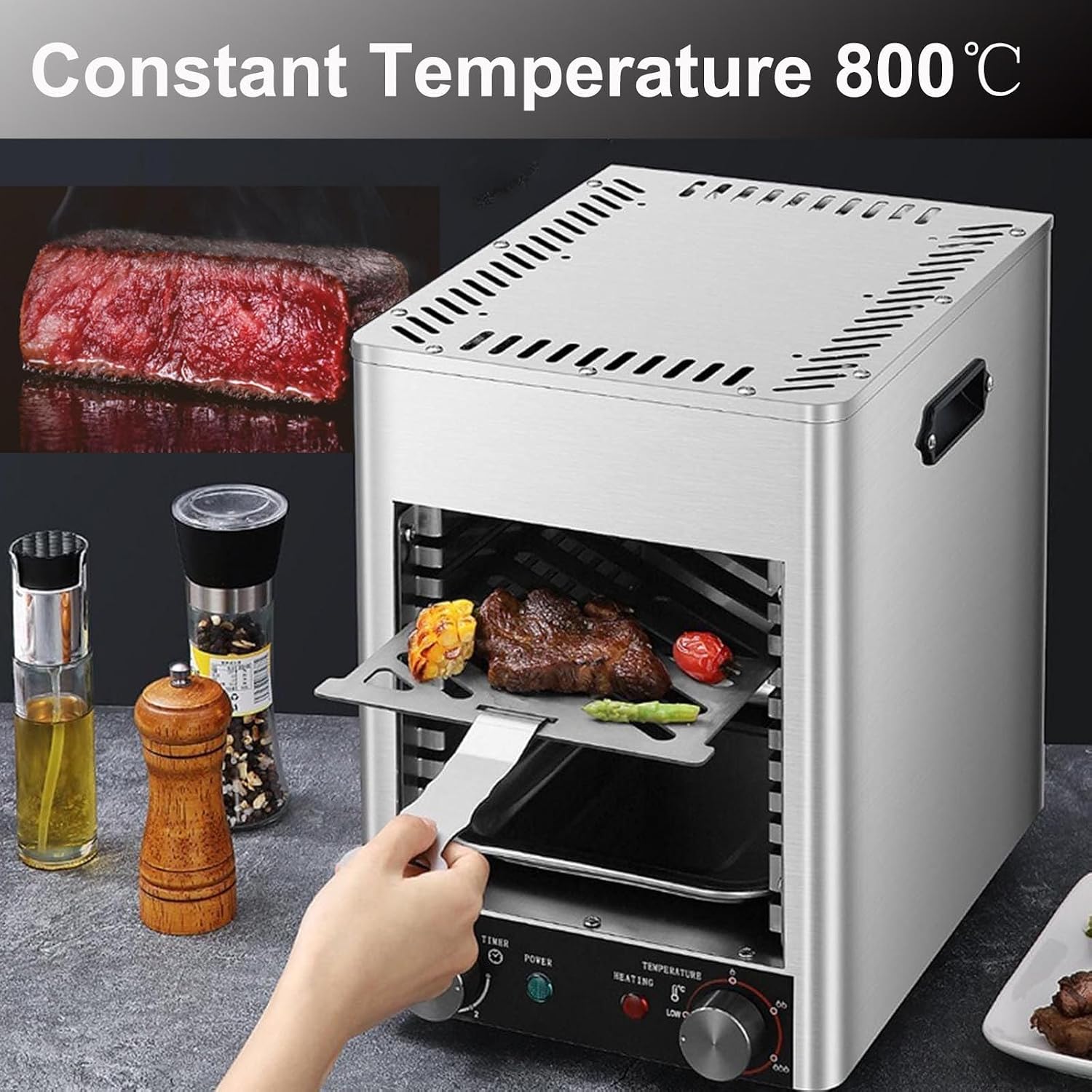 1700W Indoor Commercial Steak Grill | Electric Automatic Steak Broiler- 10-Layer Grill/Time Temperature Adjustable/800℃ high temperature grilling for Beef Chicken Vegetables,Grey