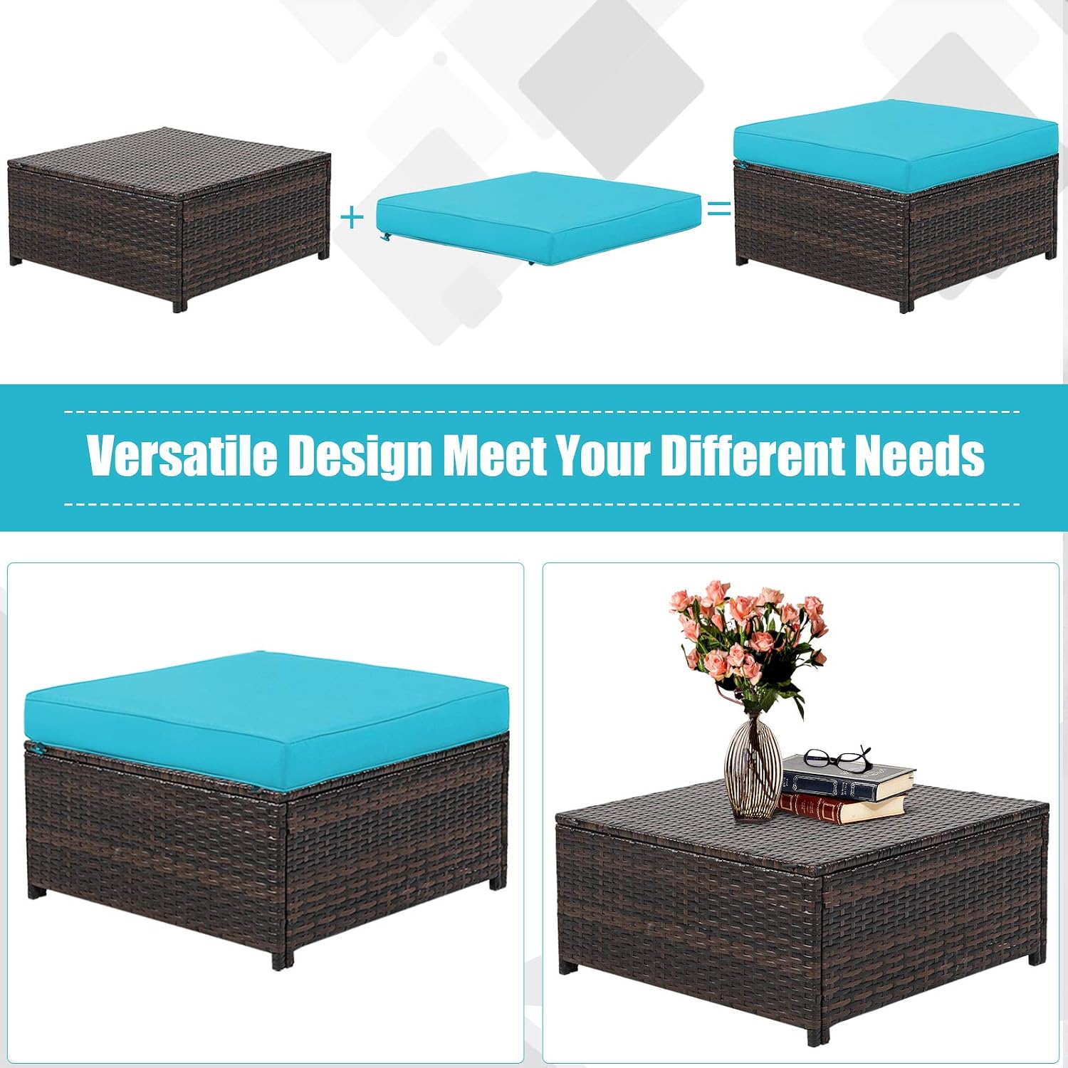 Tangkula 5 Pieces Rattan Patio Furniture Set, Outdoor Sectional Wicker Sofa Set with Loveseat, 2 Single Sofas, 2 Ottomans & Removable Cushion, Outside Daybed Sofa for Yard, Garden, Poolside, Turquoise