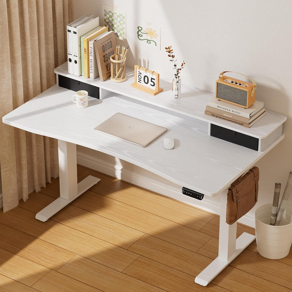 Veken 47.2'×27.6' Home Office Standing Desk with Monitor Riser, Adjustable Computer Desk with Drawers, Ergonomic Desk for Work, Study, Gaming, Crafting, White