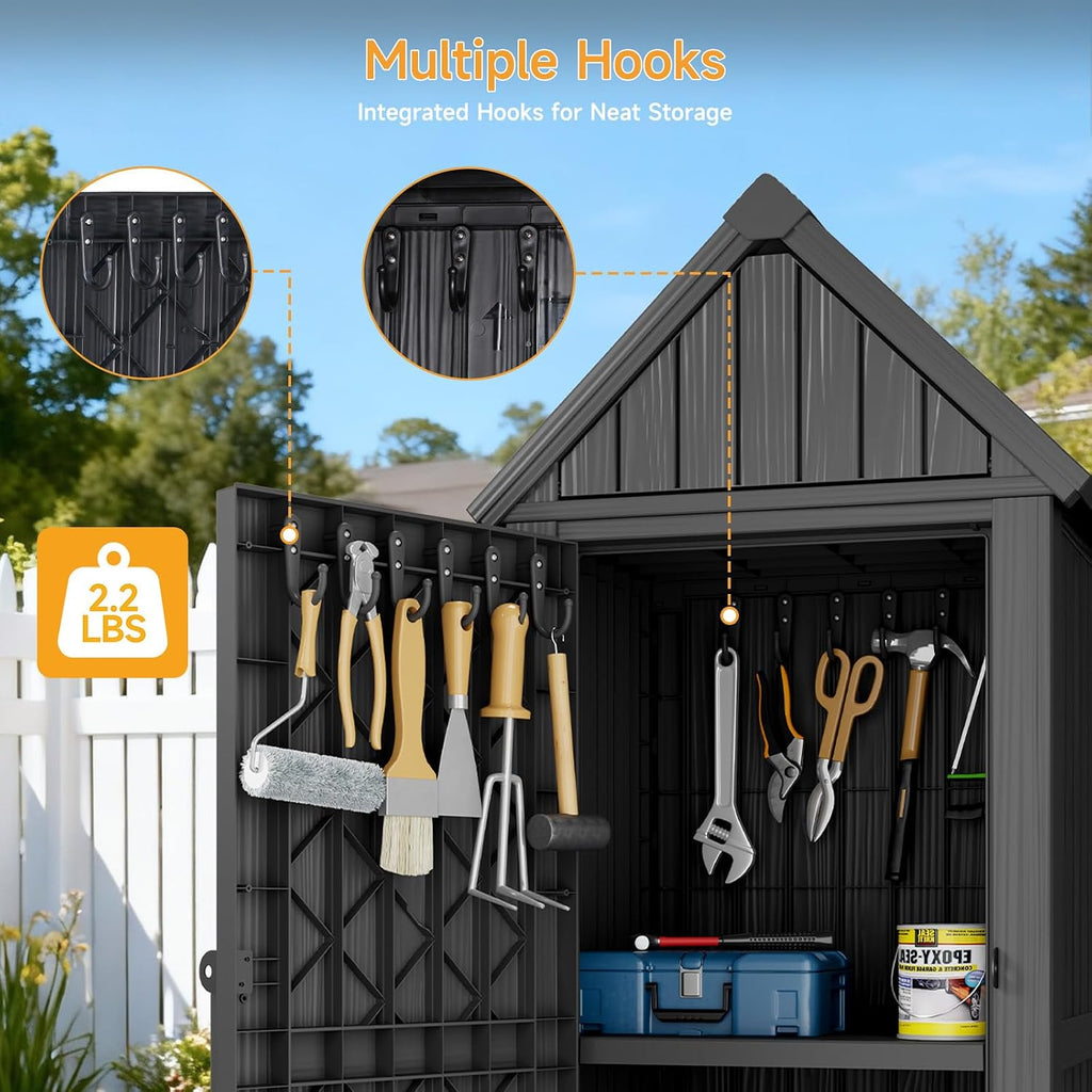 Outdoor Resin Storage Shed, Outdoor Storage Cabinet Waterproof with Hooks and Lock Ring, Multifunctional Storage Shed with Floor and Removable Shelves, All Weather Tool Shed for Patio, Lawn, Gray