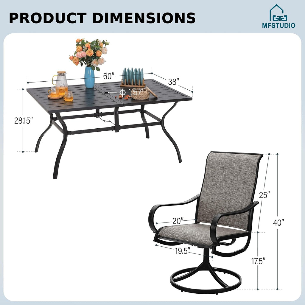MFSTUDIO Patio Table and Chairs Set of 6, Outdoor Dining Set for 6 with Umbrella Hole, Outdoor Patio Furniture Set for Deck, Backyard, Poolside & Garden