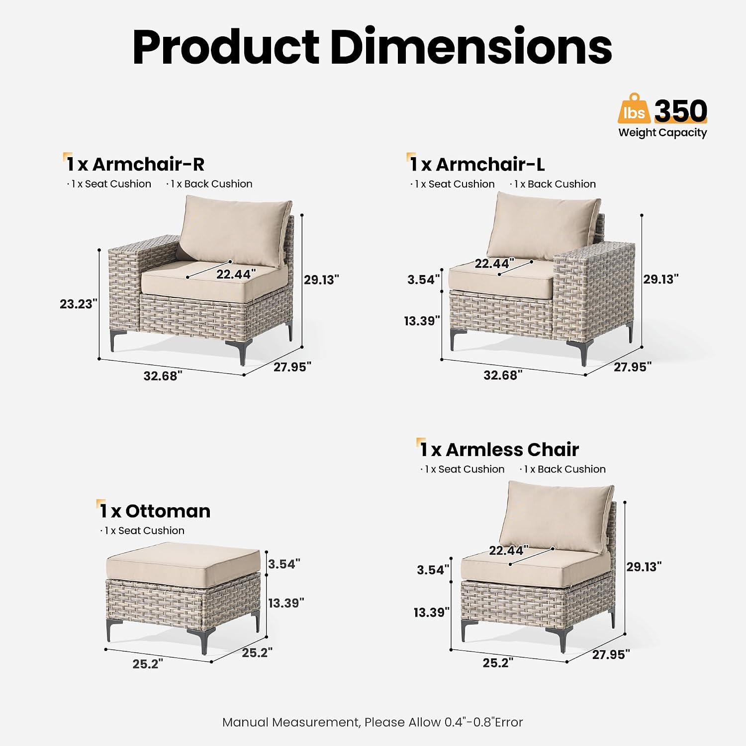 ovios 4-Piece Patio Furniture Set with L-Shape Sofa Chaise, Outdoor Sectional Couch Comfy Cushions, Modern Modular Wicker Rattan Conversation Set, Beige