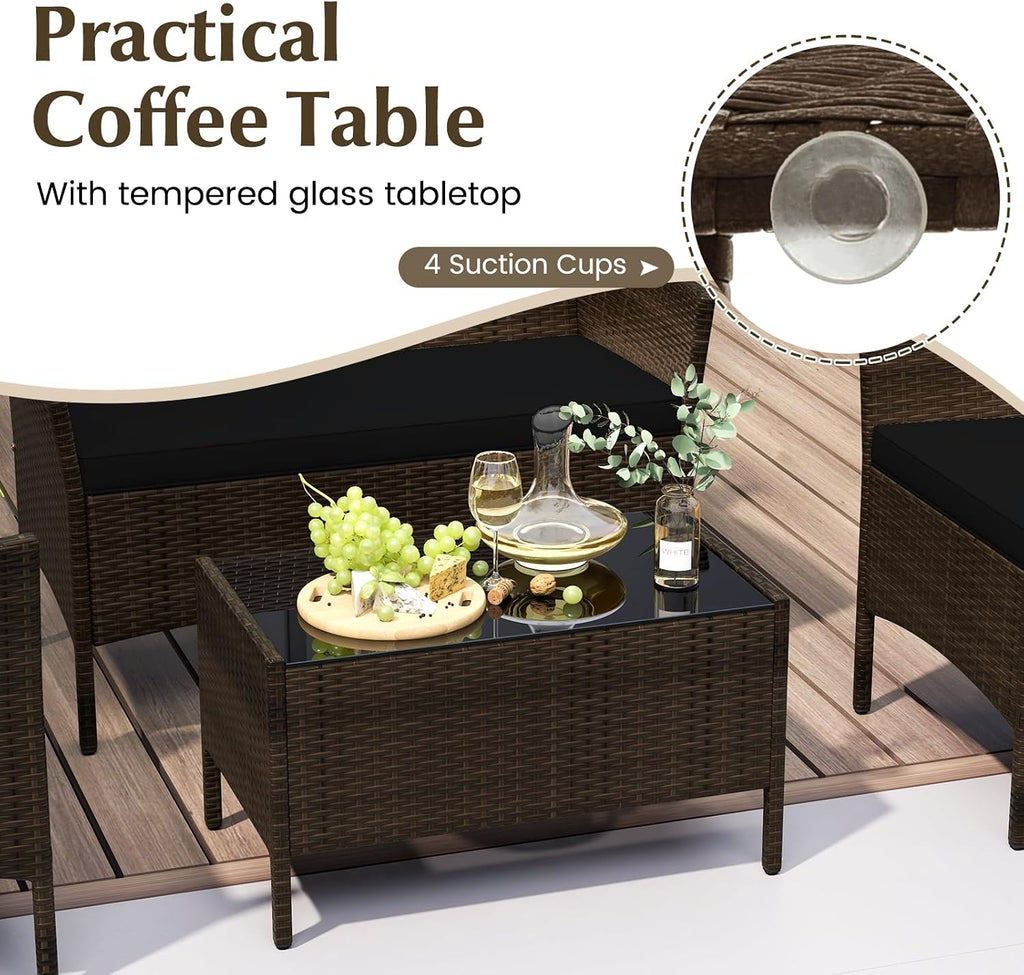 Tangkula 8 Piece Patio Rattan Conversation Set, Outdoor Wicker Furniture Set with Chair, Loveseat & Tempered Glass Table, Cozy Seat Cushions, Outside Sectional Sofa Set for Backyard, Porch (1,Black)
