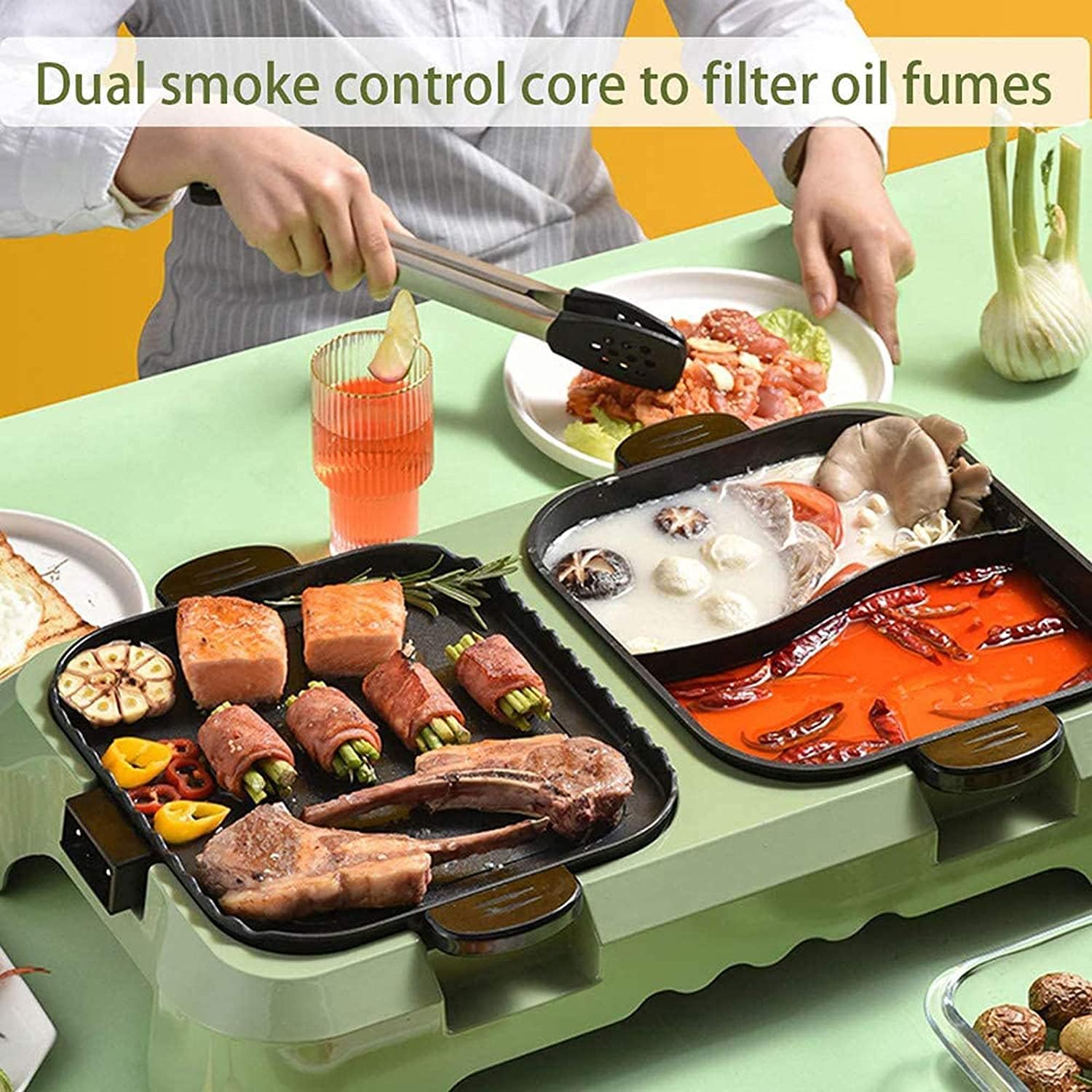 Intelligent Health Gril Electric Barbecue Grill Indoor Hot Pot Chafing Dish, Large Capacity Household Multifunctional Non-Stick 2200W,Green (Color : Green)