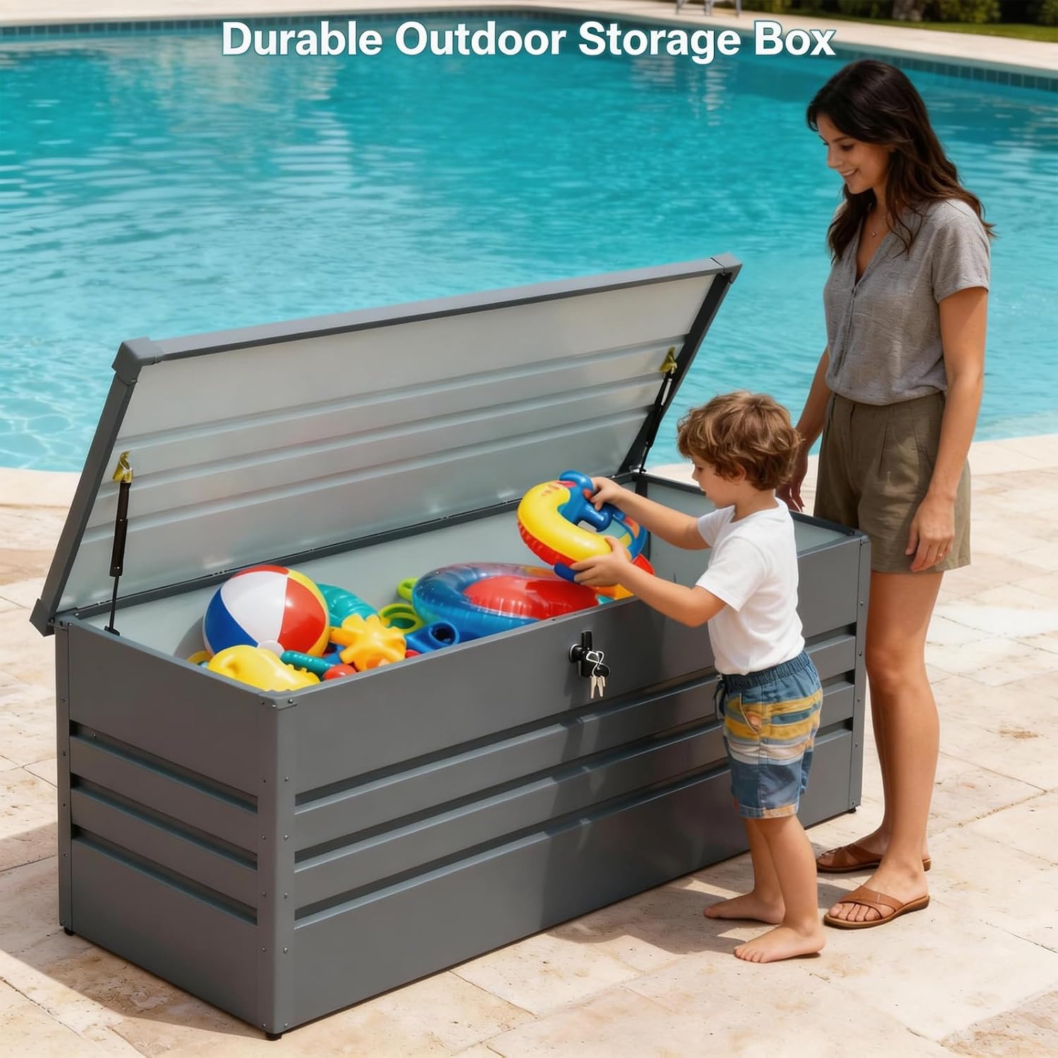260 Gallon Waterproof Outdoor Storage Box, Extra Large Outside Metal Deck Storage Box for Patio Cushions, Garden Tools, Pool Supplies