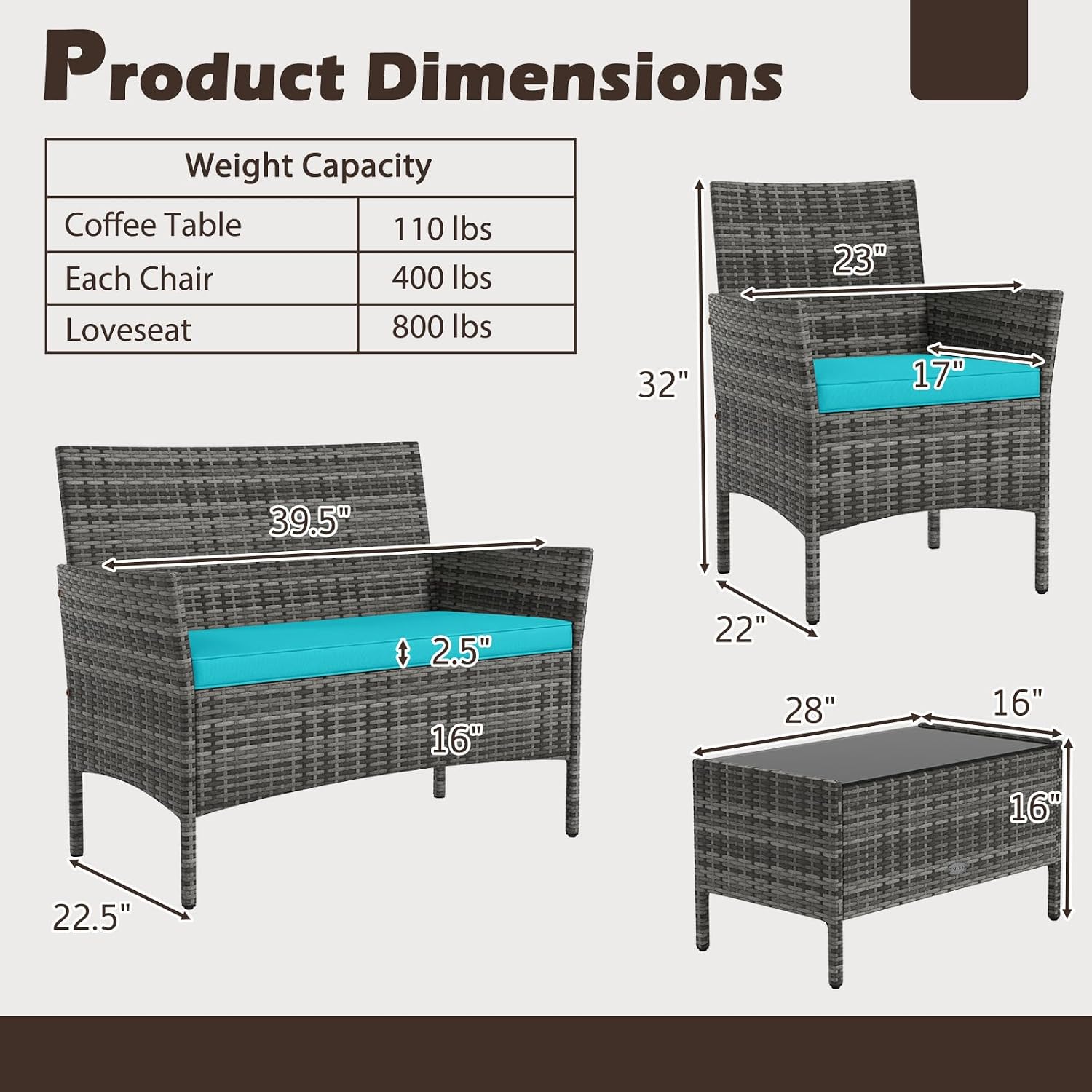 Tangkula 8 Pieces Patio Rattan Conversation Set, Outdoor Wicker Furniture Set with Cushioned Chair, Loveseat & Tempered Glass Table, Outside Sectional Sofa Set for Backyard (G-Turquoise,2)