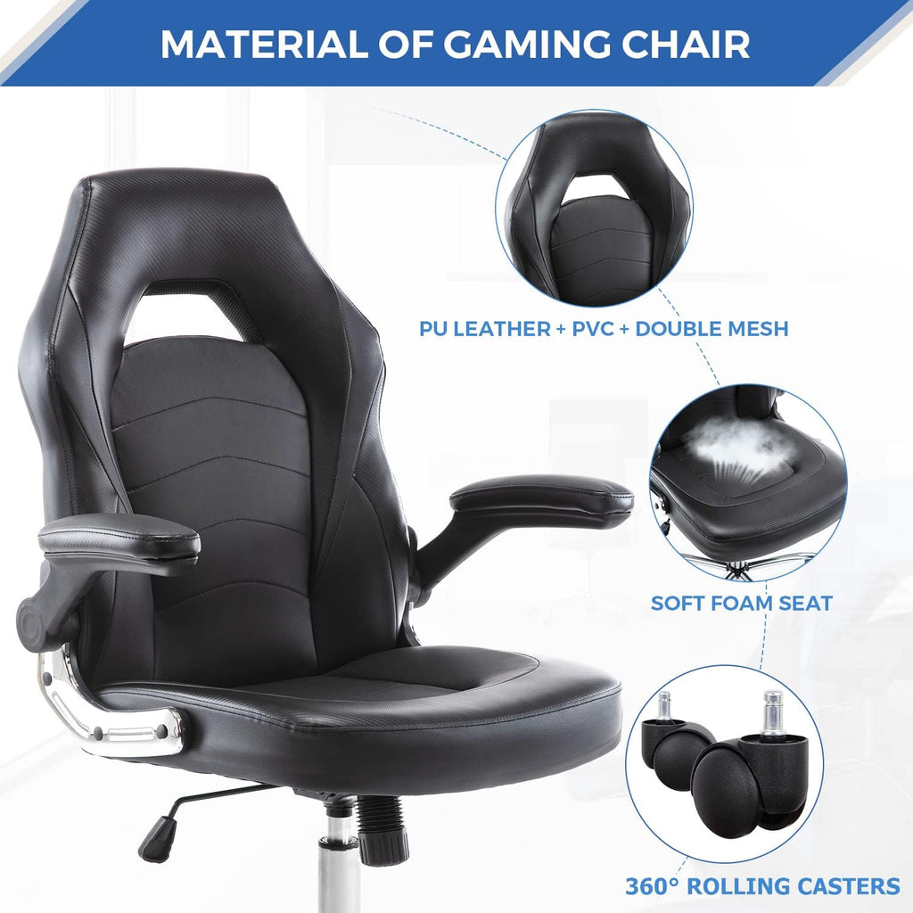 ZUNMOS Home Gaming Ergonomic Office Flip-up Armrest and Height Adjustable Desk Splicing PU Leather Computer Chair with Lumbar Support, Black (3959-BKZ6)