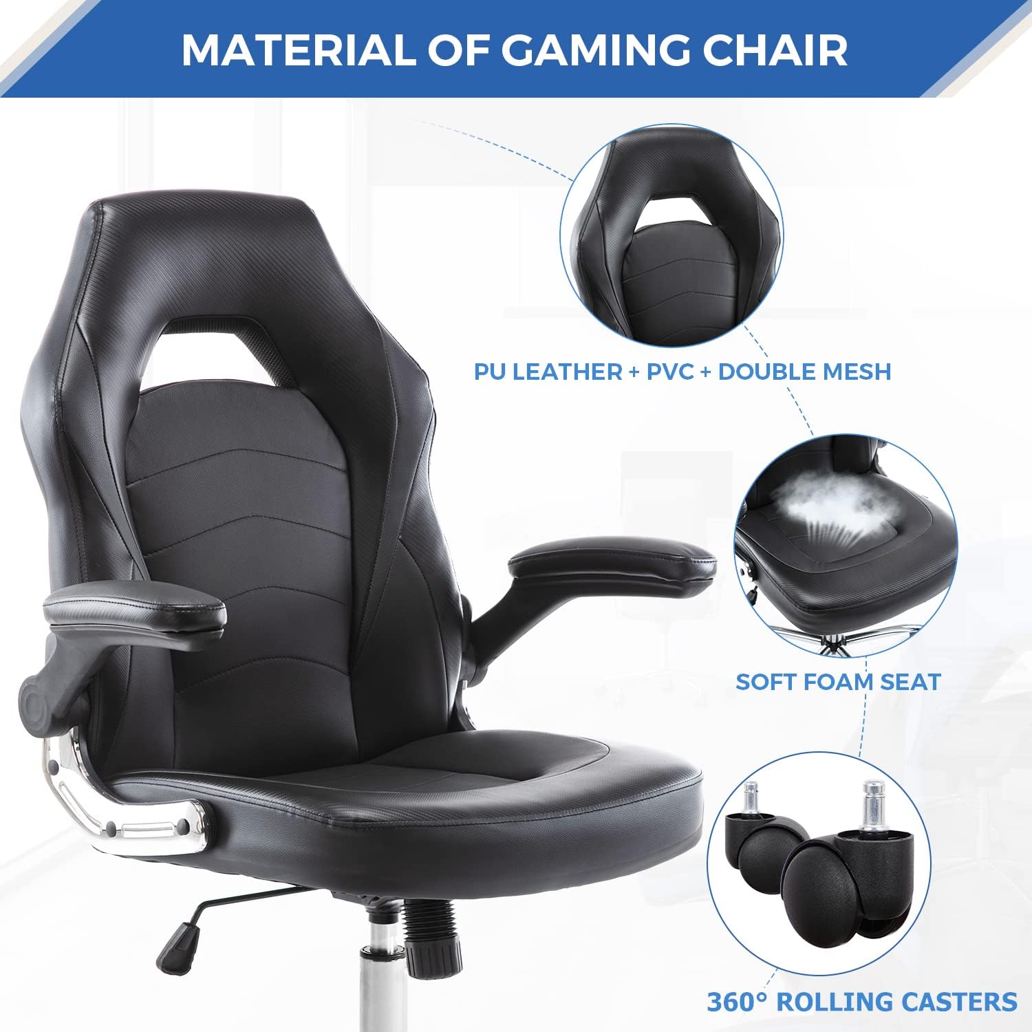 ZUNMOS Home Gaming Ergonomic Office Flip-up Armrest and Height Adjustable Desk Splicing PU Leather Computer Chair with Lumbar Support, Black (3959-BKZ6)
