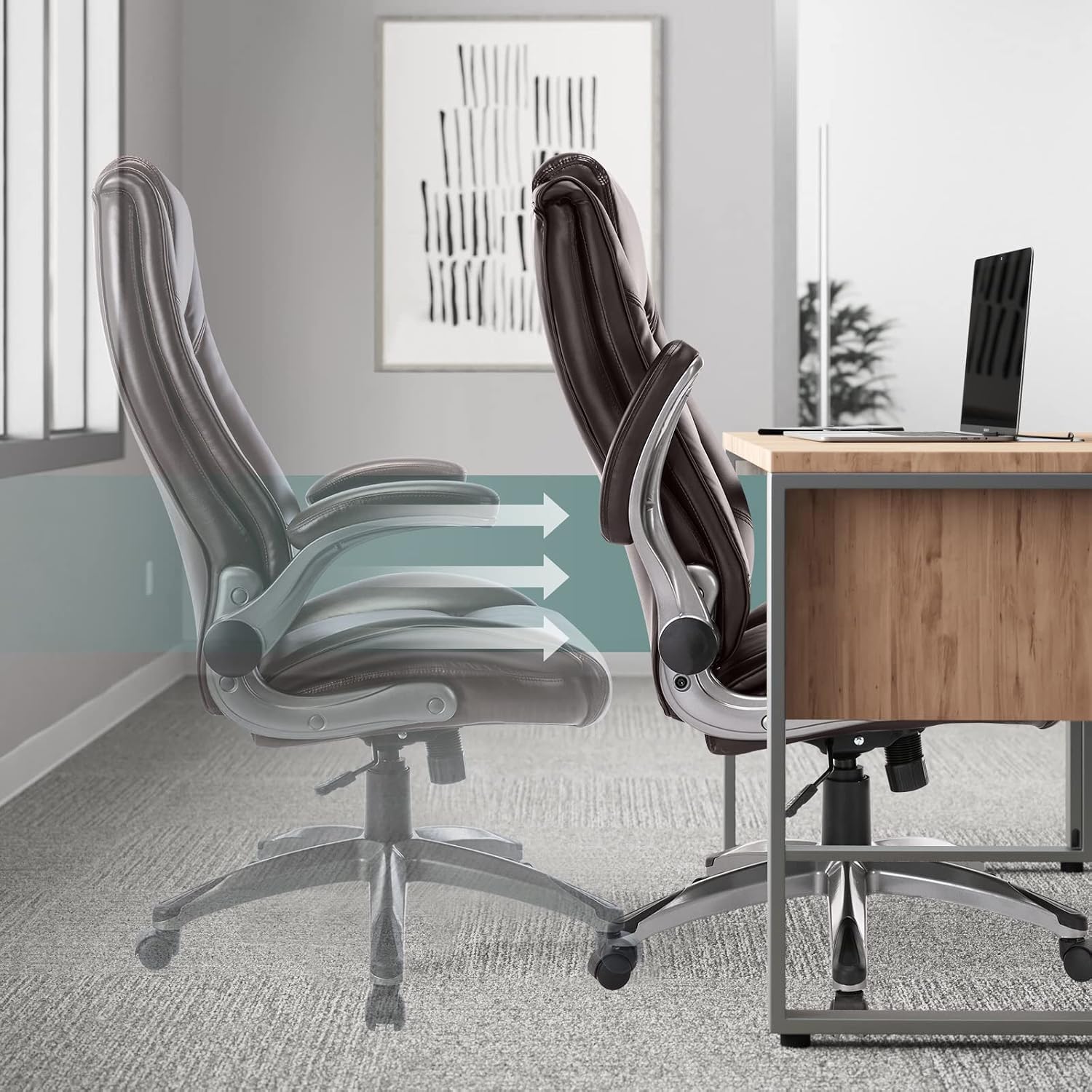 MALOL Leather Executive Office Chair - High Back Home Computer Desk Chair with Padded Flip-up Arms, Adjustable Tilt Lock, Swivel Rolling Ergonomic Chair for Adult Working Study, Brown