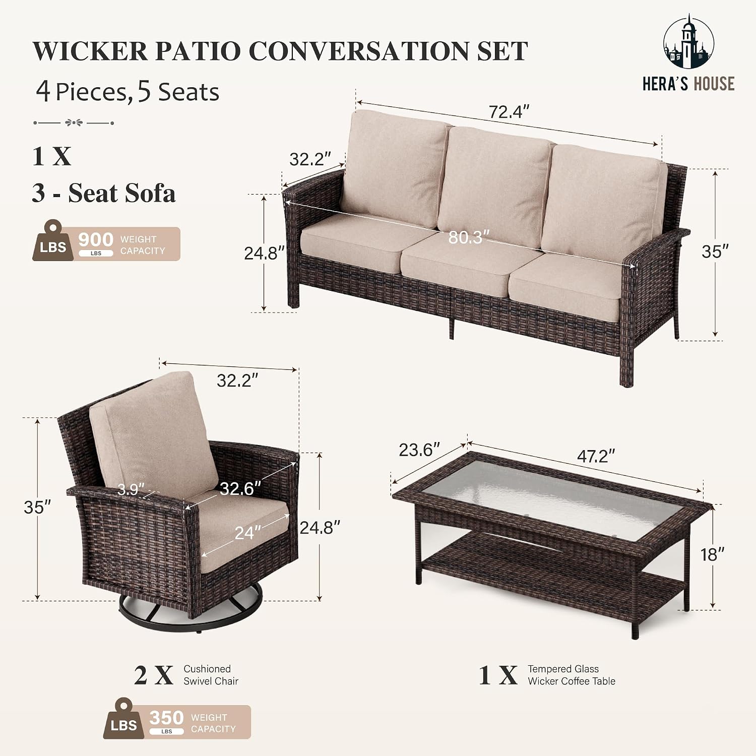HERA'S HOUSE High Back Patio Furniture Set with Swivel Chairs, Outdoor Wicker Conversation Sets with 5.5' Comfy Cushions, 4 Piece Outside Sofa Sets, Beige