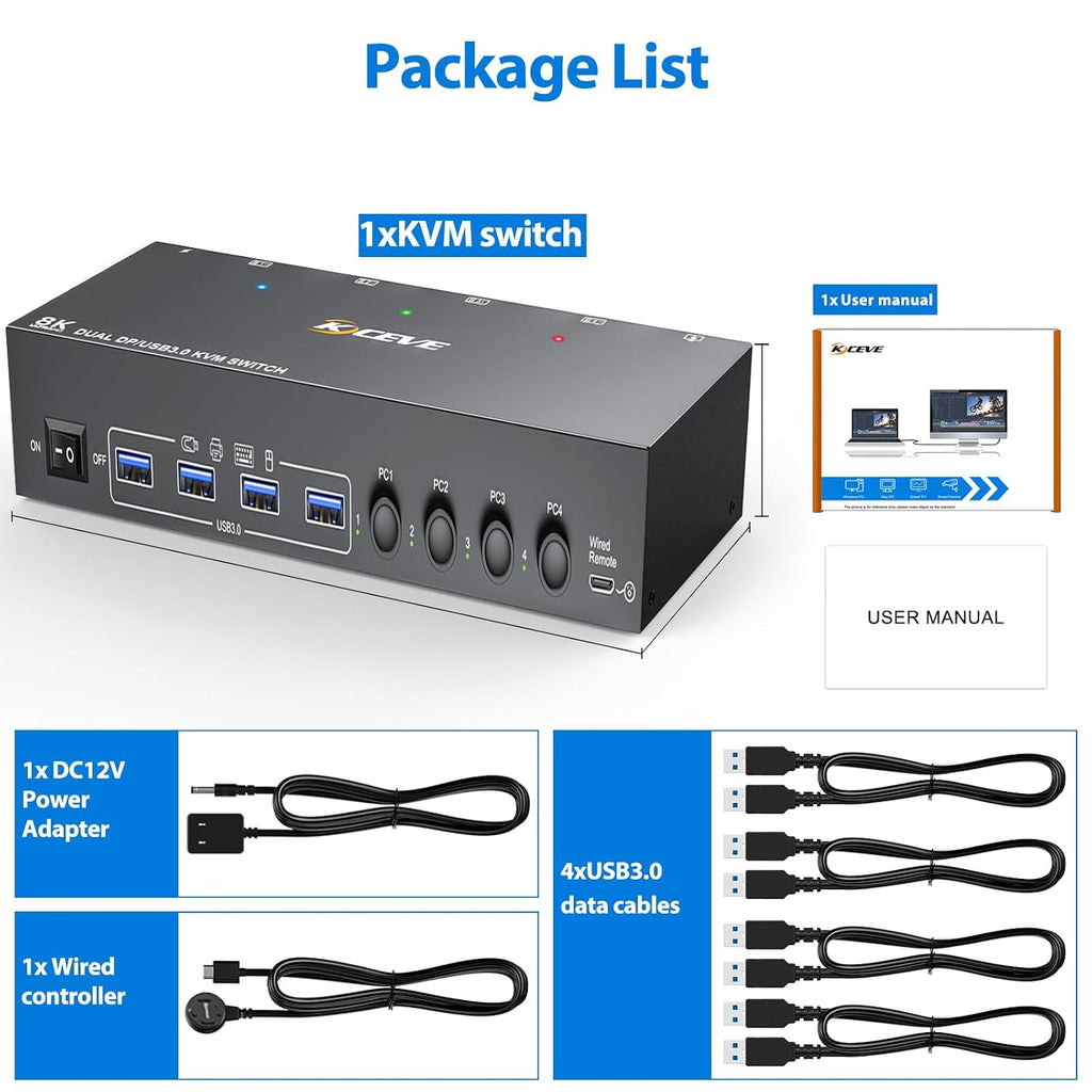 KVM Switch 2 Monitors 4 Computers HDMI + DisplayPort, KCEVE USB 3.0 DP KVM Switcher, 8K@30Hz/4k@144Hz DP KVM for 4 PC Share 2 Display and 4 USB 3.0 Devices