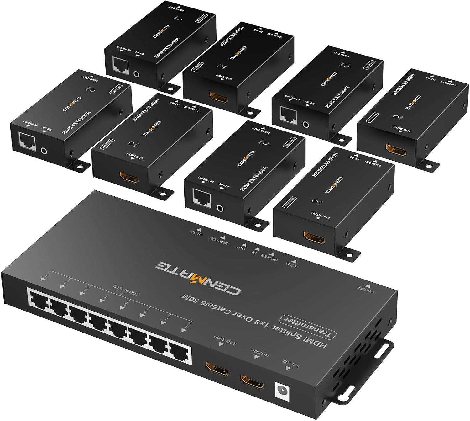 CENMATE 1x8 HDMI Extender Splitter, Up to 165FT Over CAT5e/6/7, 8 Channel Transmission with 1 HDMI Loop Out, Supports IR, 3D, HDCP, EDID, POC