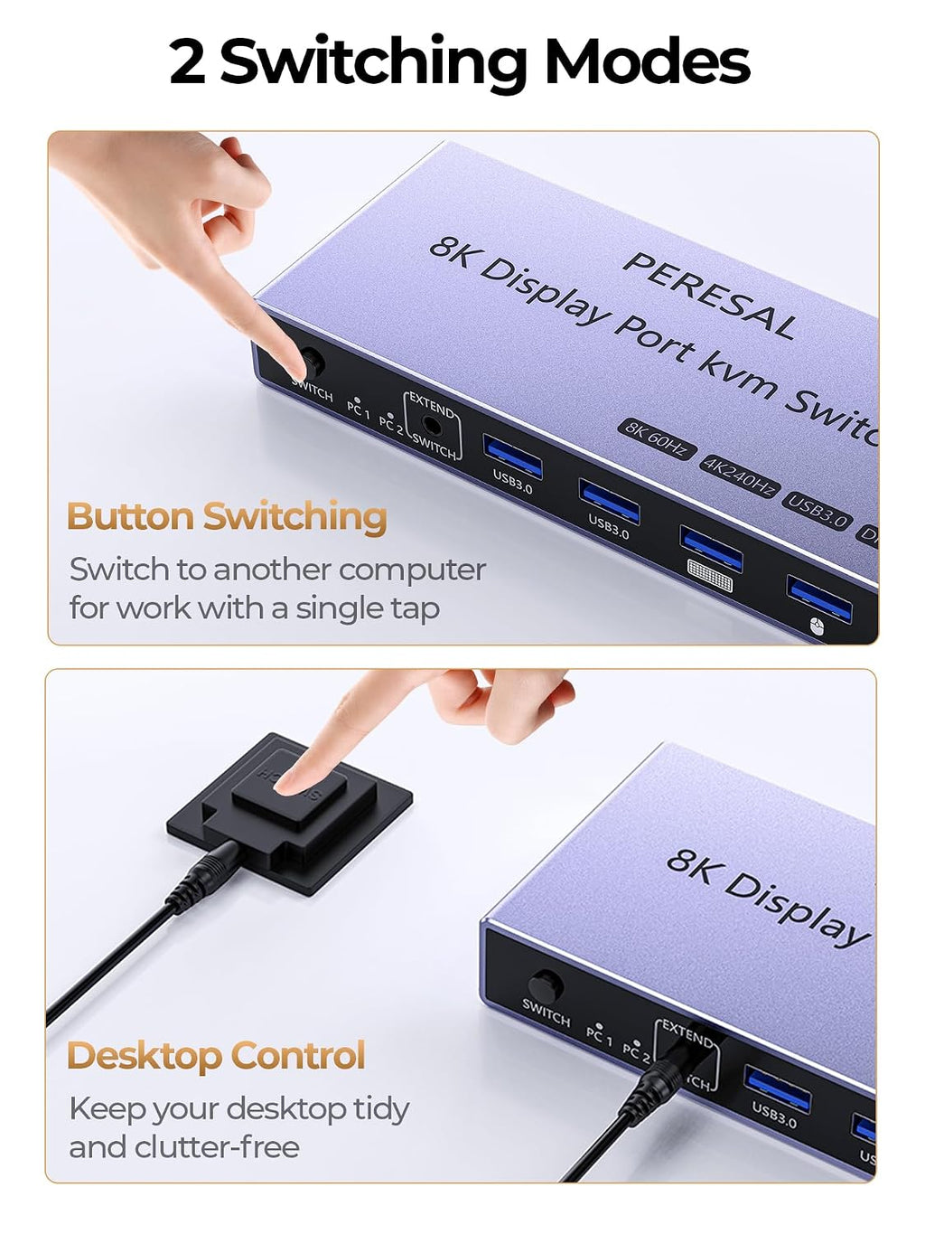 8K Displayport 2.1 KVM Switch 2 in 1 Out DP1.4 with 4 USB 3.0 Ports Support 8K@60Hz 4K@240Hz, 2 Computers Share 1 Monitor Keyboard Mouse U-Disk Printer