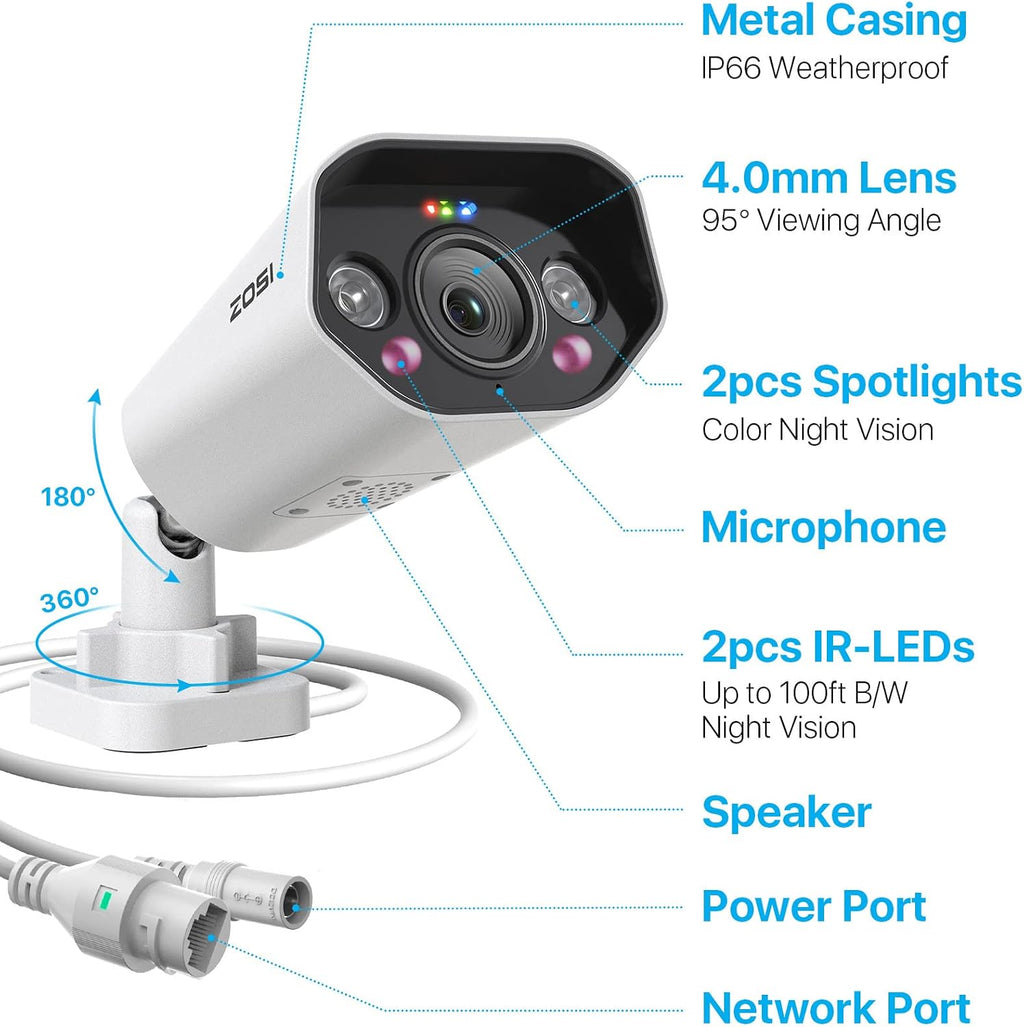 ZOSI 4PK 4K 8MP PoE Security IP Camera with Ethernet Cables Bullet PoE Camera Outdoor with Starlight Night Vision,Motion Detection,Smart Light Alarm,IP66 Weatherproof, Only Work with ZOSI 4K PoE NVR
