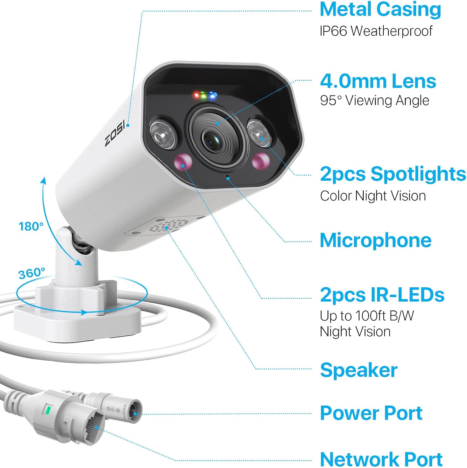 ZOSI 4PK 4K 8MP PoE Security IP Camera with Ethernet Cables Bullet PoE Camera Outdoor with Starlight Night Vision,Motion Detection,Smart Light Alarm,IP66 Weatherproof, Only Work with ZOSI 4K PoE NVR