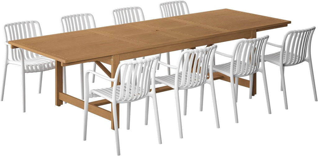 Urban Elements Frida Rectangular Extendable Patio Furniture Set | 100% Certified Teak Finish | Backyard Furniture, Outside Table and Chairs, Rectangular Outdoor Dining Set (White, 9-Piece)