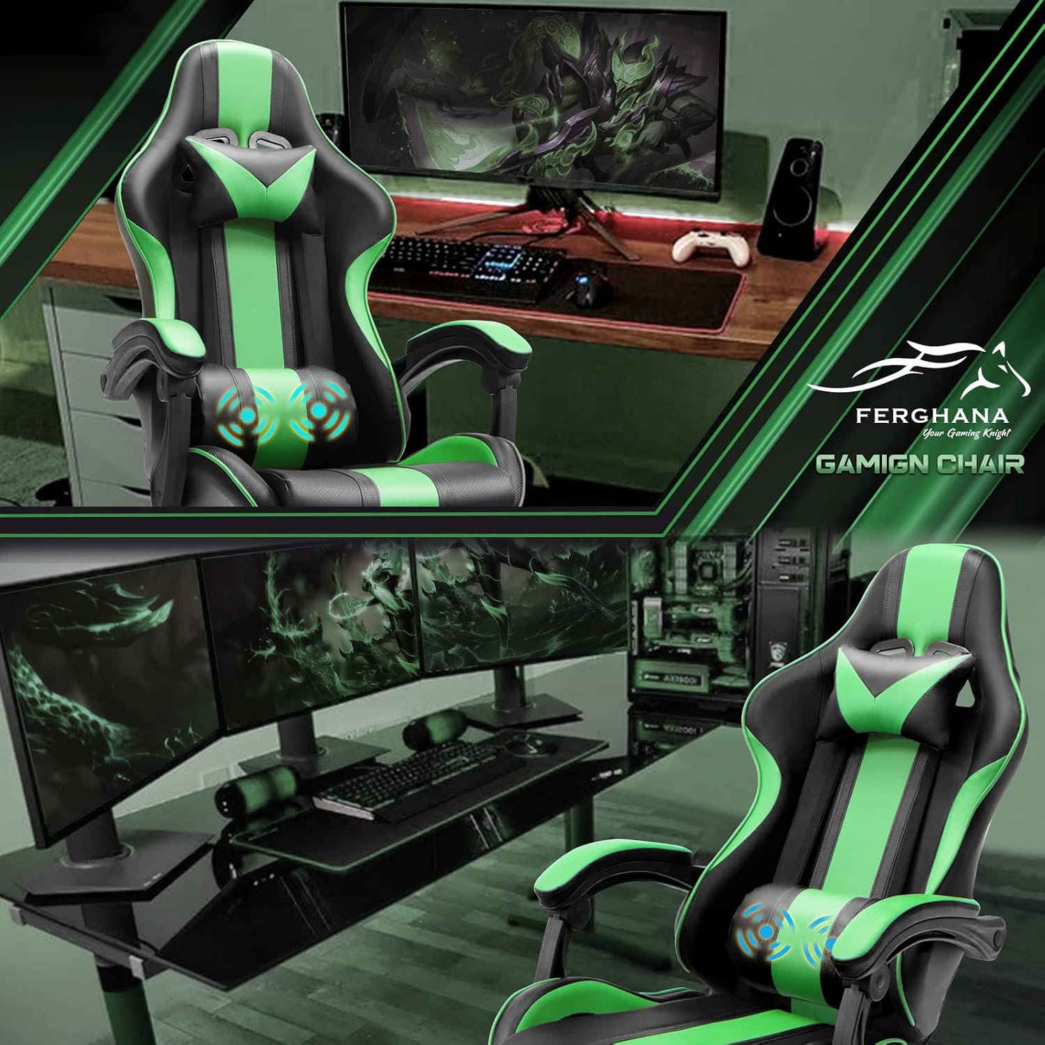Ferghana Gaming Chairs, Ergonomic Racing Style PC Game Computer Chair with Headrest Lumbar Support Adjustable Recliner PU Leather Video Computer Chair(Grass Green)