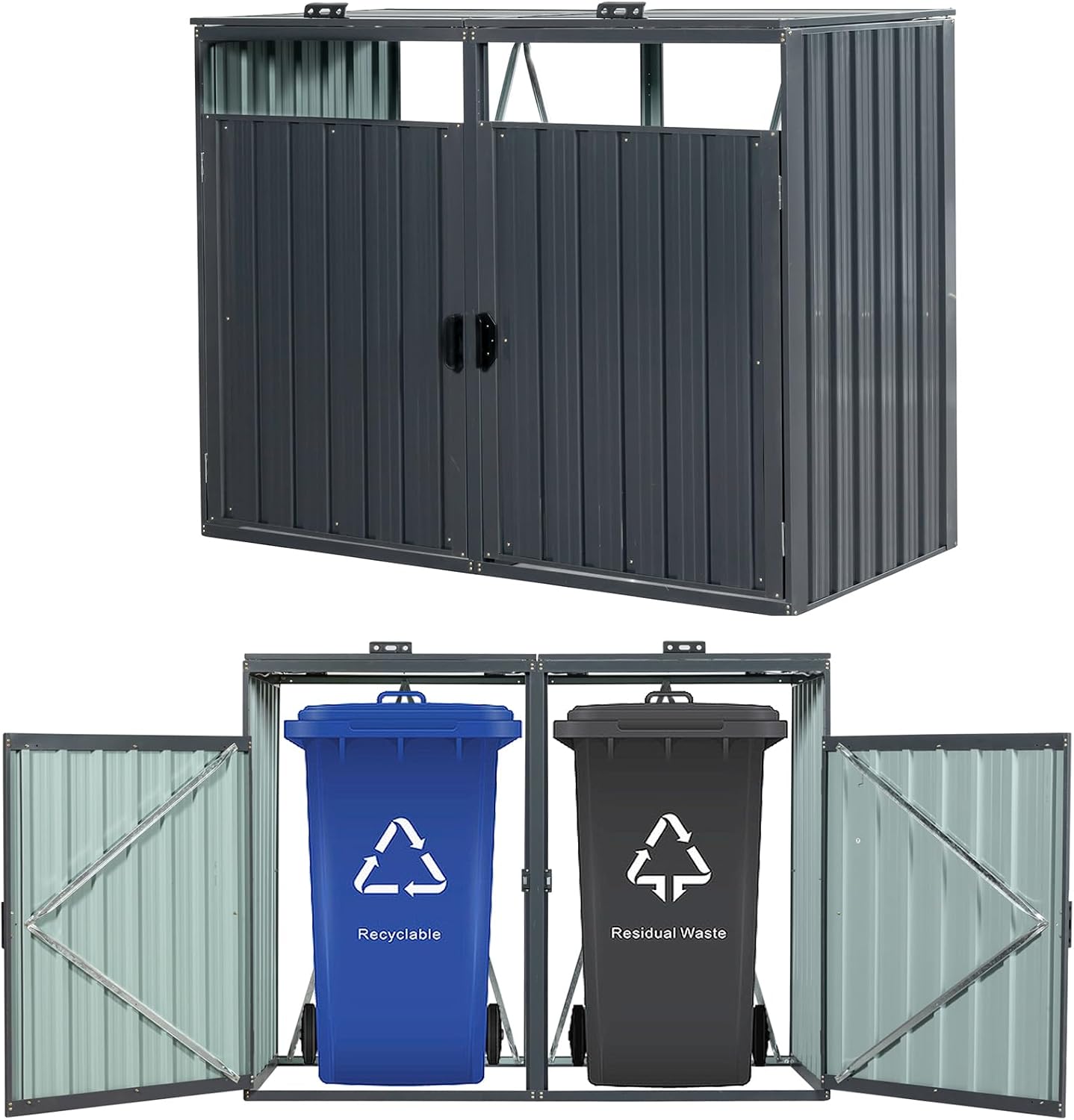 Outdoor Trash Can Storage, Garbage Bin Shed Stores 3 Trash Cans, Metal Outdoor Storage Shed for Garbage Cans, Garden Accessories, Backyard, and Patio Use, Lockable, Black