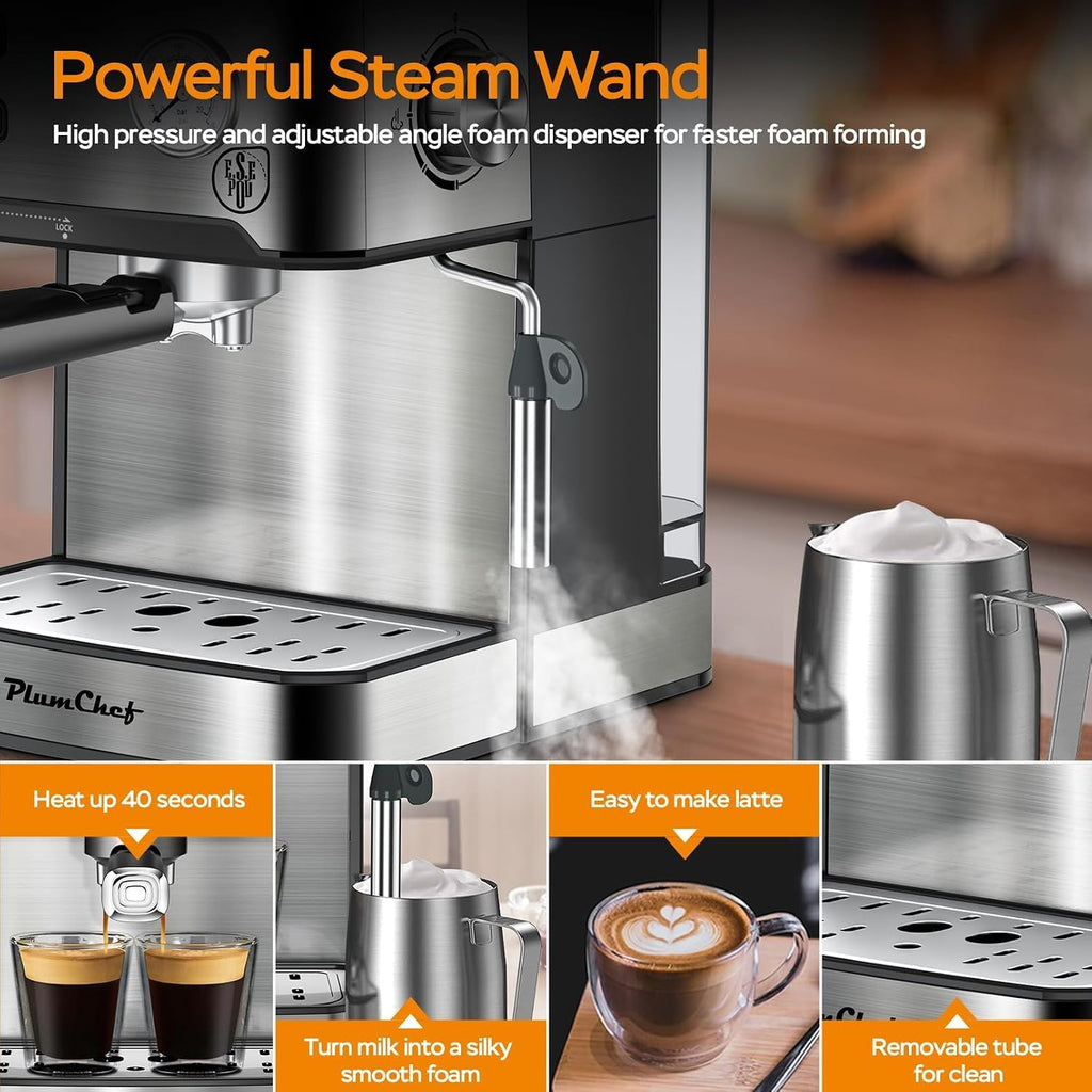 Plum chef 20 Bar Espresso Machine with Milk Frother, Dual Shot Coffee Maker, ESE Pod, Coffee Machine with Pressure Display, 54 OZ Removable Water Tank for Home Barista (Silver)