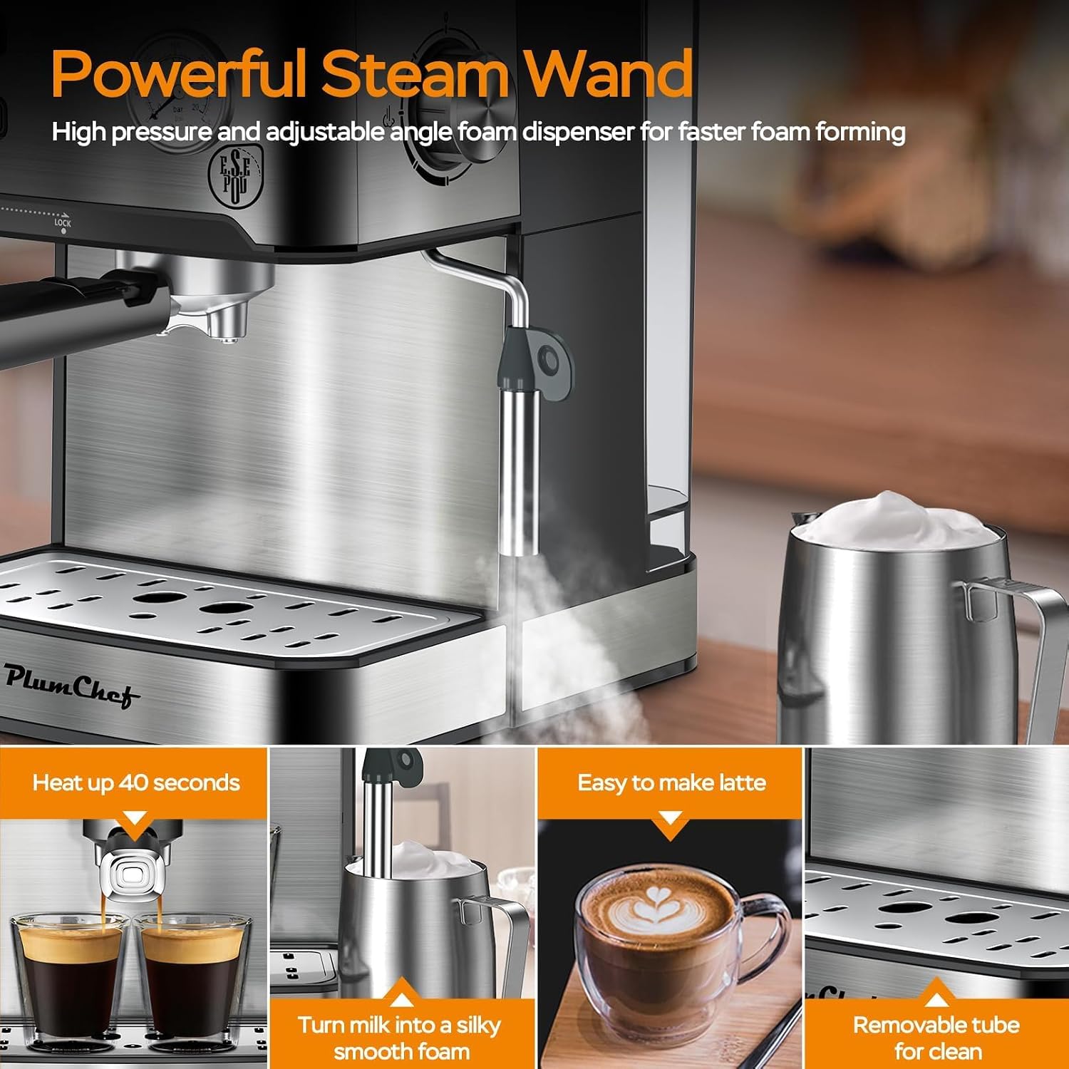 Plum chef 20 Bar Espresso Machine with Milk Frother, Dual Shot Coffee Maker, ESE Pod, Coffee Machine with Pressure Display, 54 OZ Removable Water Tank for Home Barista (Silver)
