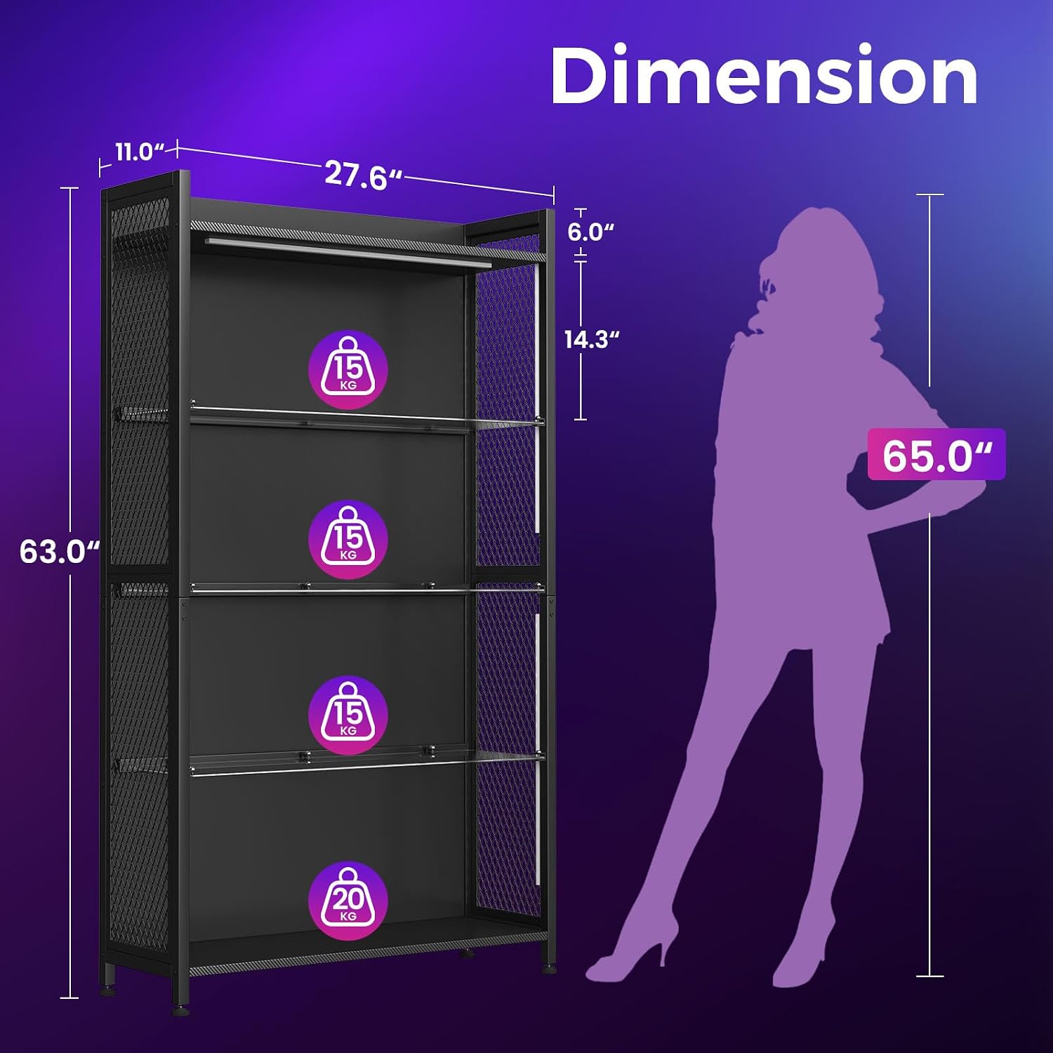 AODK Display Case with LED Lights, Display Cabinet with Glass Storage Shelves and Industrial Metal Mesh, 4-Tier Display Shelf for Collectibles, Curio Cabinet with Open Shelf, Black Book Shelf