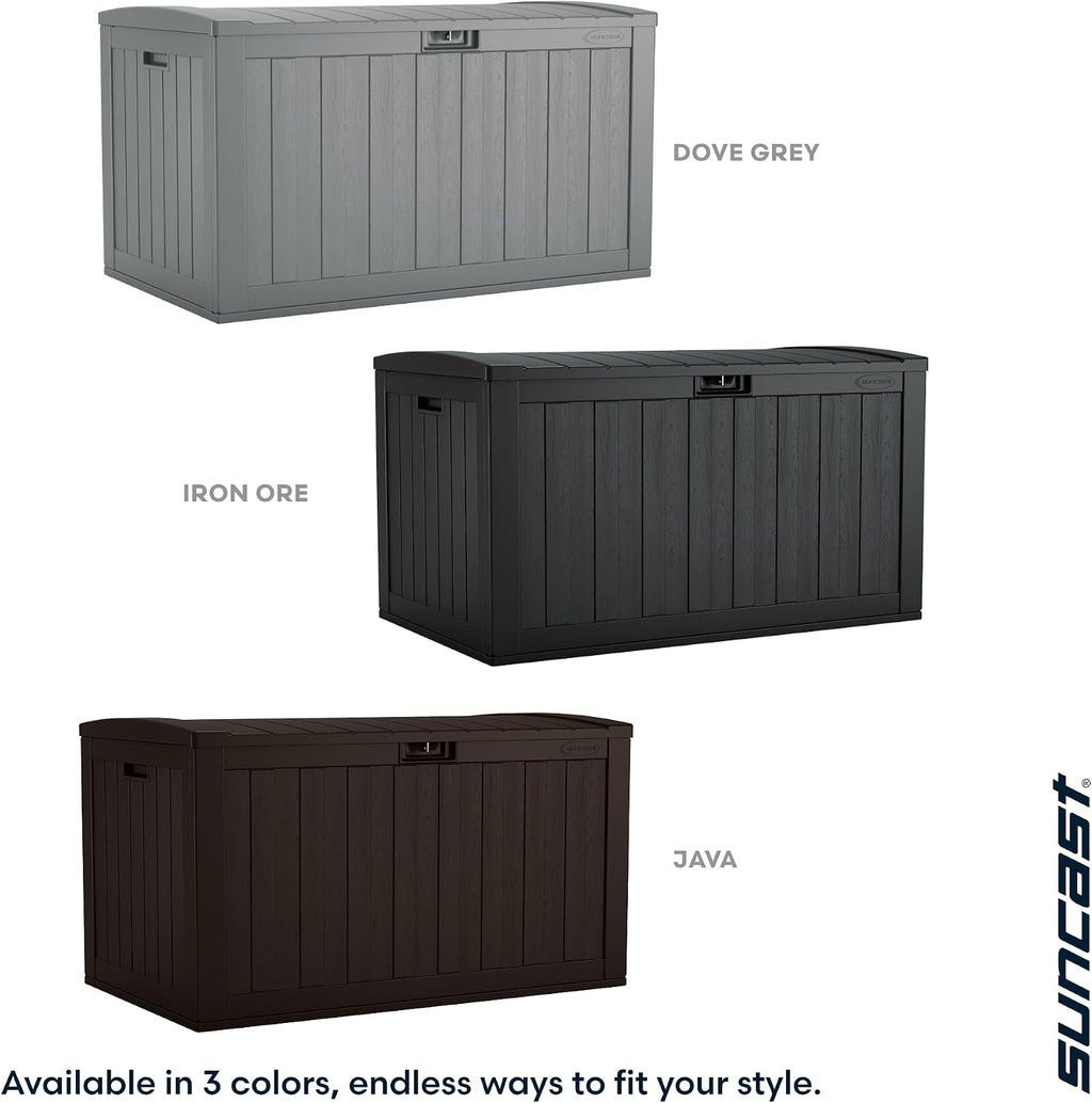 Suncast 134-Gal. Resin Extra-Large Outdoor Patio Deck Box with Pad-Lockable Lid, Modern Outdoor Patio Bench/Storage Box for Cushions, Garden Tools, and More, Java