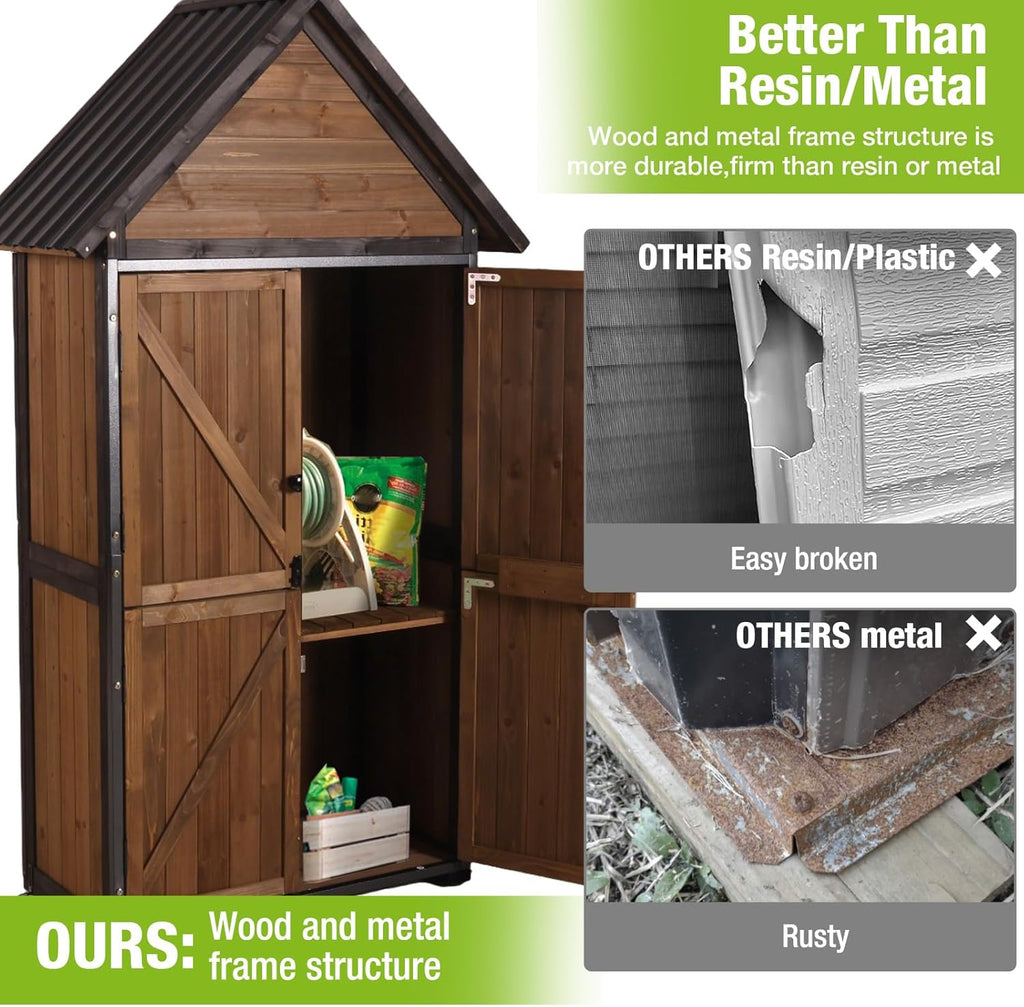 GUTINNEEN Shed Outdoor Storage Upgraded with Durable Front Metal Frame Garden Shed Tool Storage Cabinet with Wooden Floor Adjustable Shelfs 2.5 x 1.4FT （Brown）