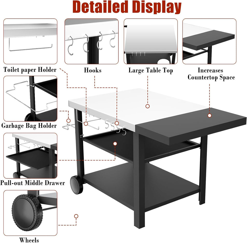 Outdoor Kitchen Island, Grill Cart with Drawer, Pizza Oven Stand, Movable 3-Shelf Prep Table with Side Table for Ninja Woodfire, Ooni Pizza Oven, Blackstone Griddle, Cuisinart, Cooking Station