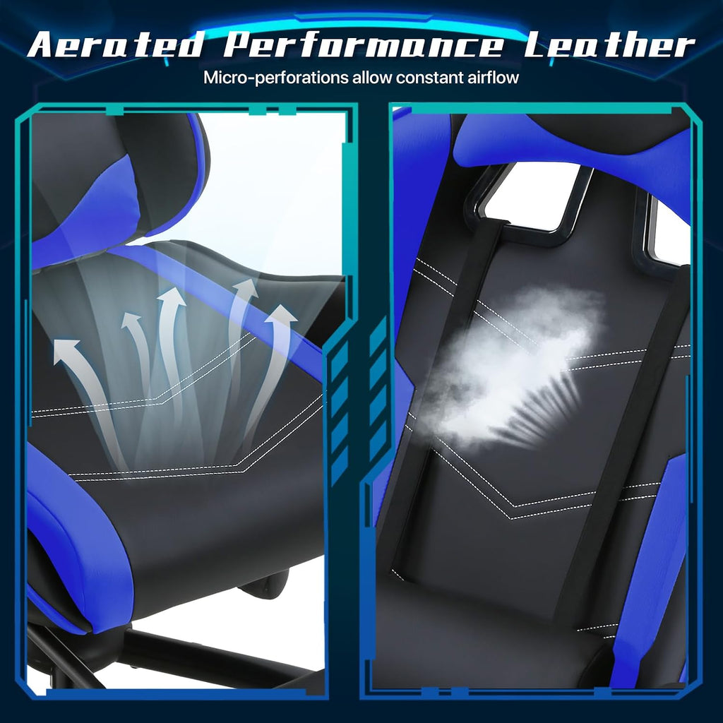 Ergonomic Gaming Chair with Footrest, High Back PU Leather Office Desk Chair for Adults Teens, Rolling Swivel Computer Chair (Blue)