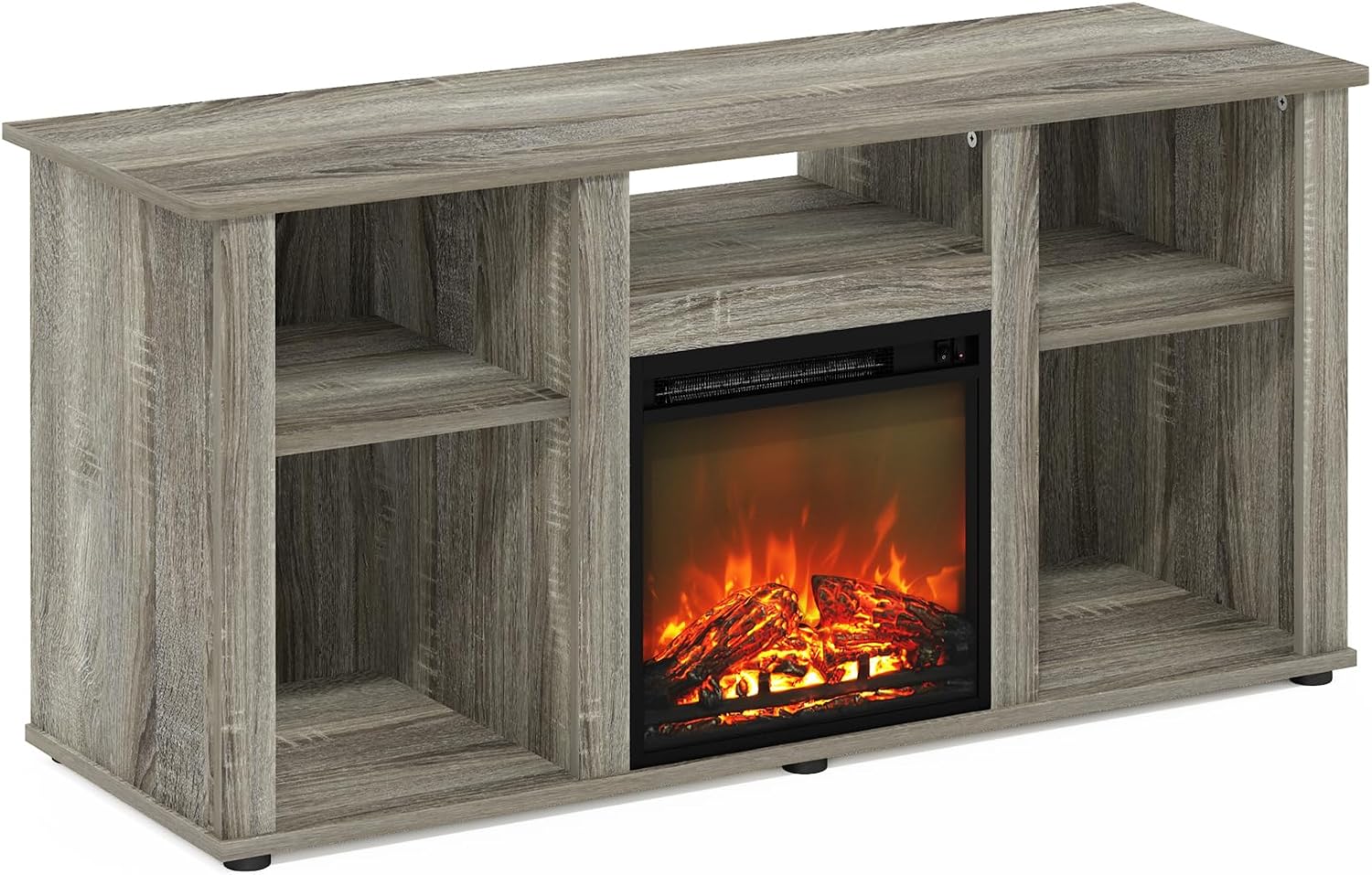 Furinno Jensen Fireplace TV Stand, Entertainment Center, TV Console for TV up to 55 Inch with Fireplace and Open Storage Compartment, for Living Room, Bedroom, French Oak Grey