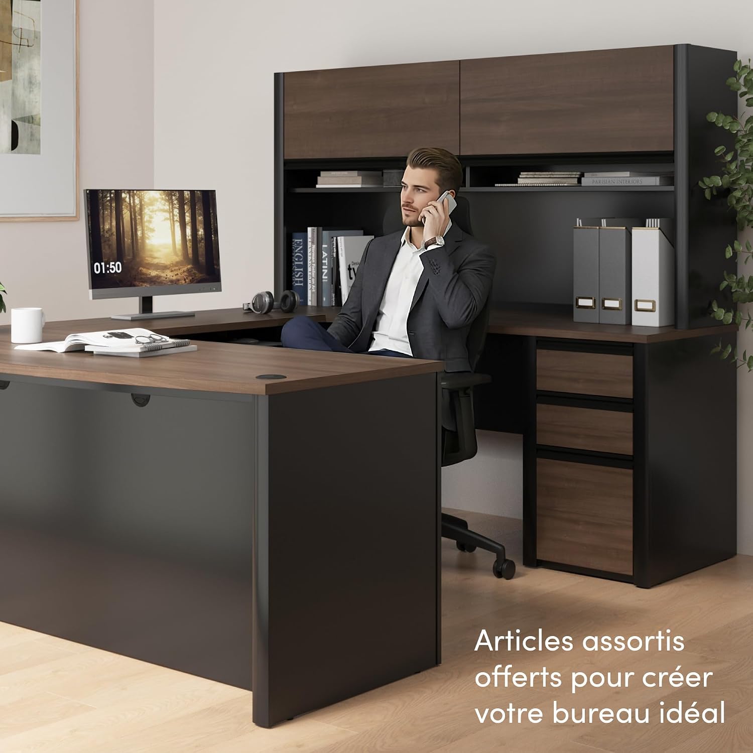 Bestar L Shaped Desk with Drawers and Keyboard Tray, Executive Workstation for Home or Professional Office, 72 Inches, Connexion Collection, Antigua and Black