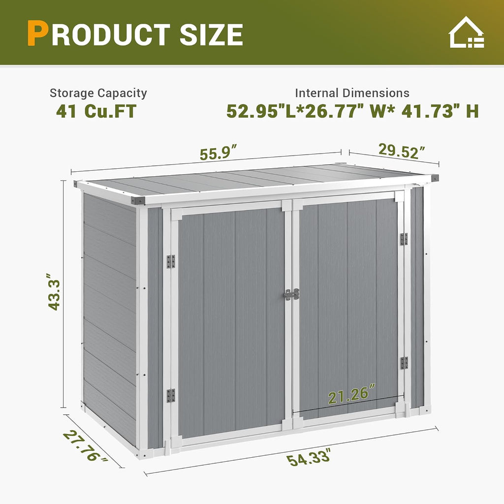 UDPATIO 4.5' x 2.5' Outdoor Storage Shed Horizontal Outdoor Trash Can Storage Box Plastic Shed Resin Cabinet,Gray,41 Cu.Ft