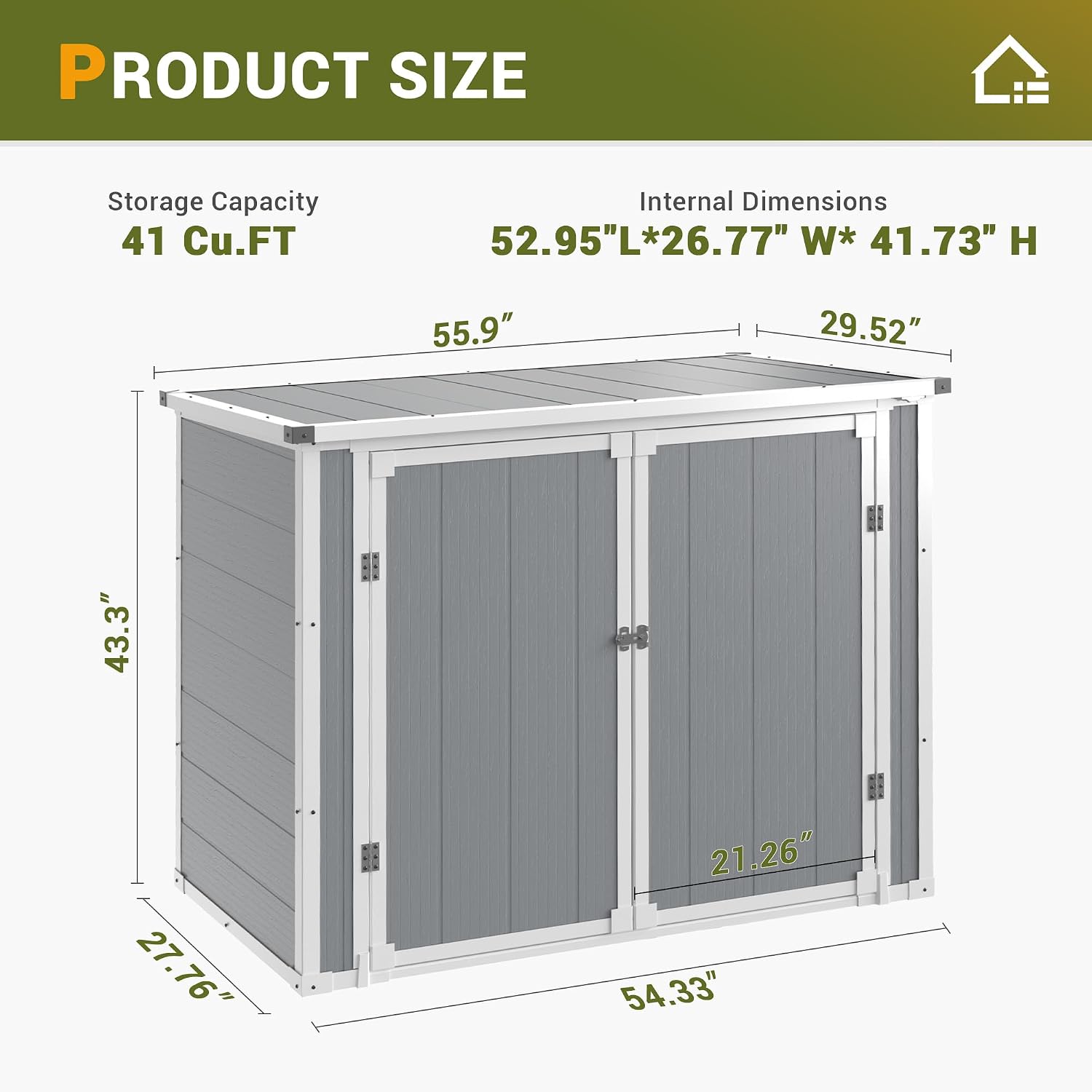 UDPATIO 4.5' x 2.5' Outdoor Storage Shed Horizontal Outdoor Trash Can Storage Box Plastic Shed Resin Cabinet,Gray,41 Cu.Ft