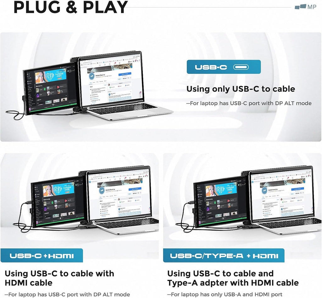 Duex Max Ds Mobile Pixels 14.1'' FHD 1080p Laptop Screen Extender, USB Type-C/HDMI Ports, Portable Mobile Monitor for 14'' to 17 Inch Laptops, Compatible with Mac/Windows/Android/Switch