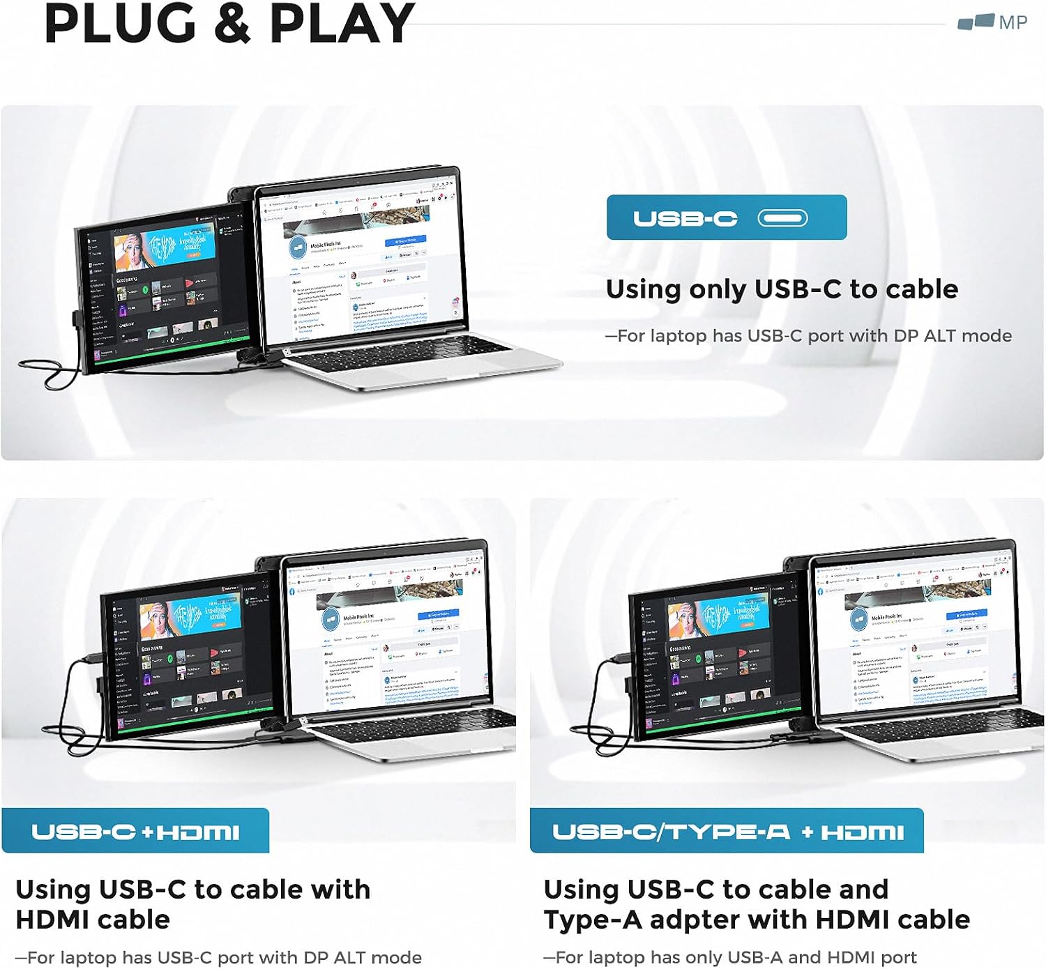 Duex Max Ds Mobile Pixels 14.1'' FHD 1080p Laptop Screen Extender, USB Type-C/HDMI Ports, Portable Mobile Monitor for 14'' to 17 Inch Laptops, Compatible with Mac/Windows/Android/Switch