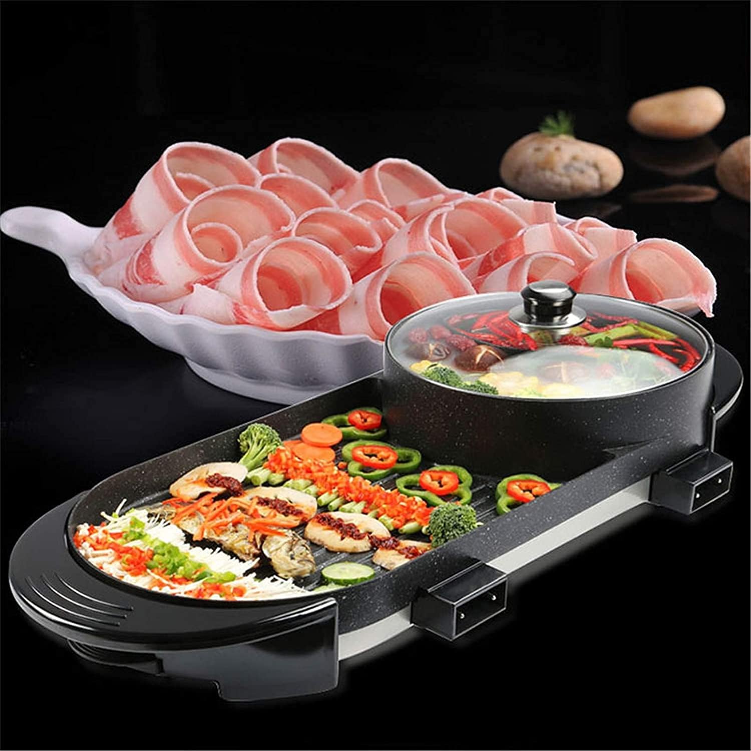 Portable Electric Grill,2 in 1 Electric BBQ Hot Pot Dual Pot,Multifunctional Non-Stick Pan Electric Cooker with 5 Temperature Adjustments